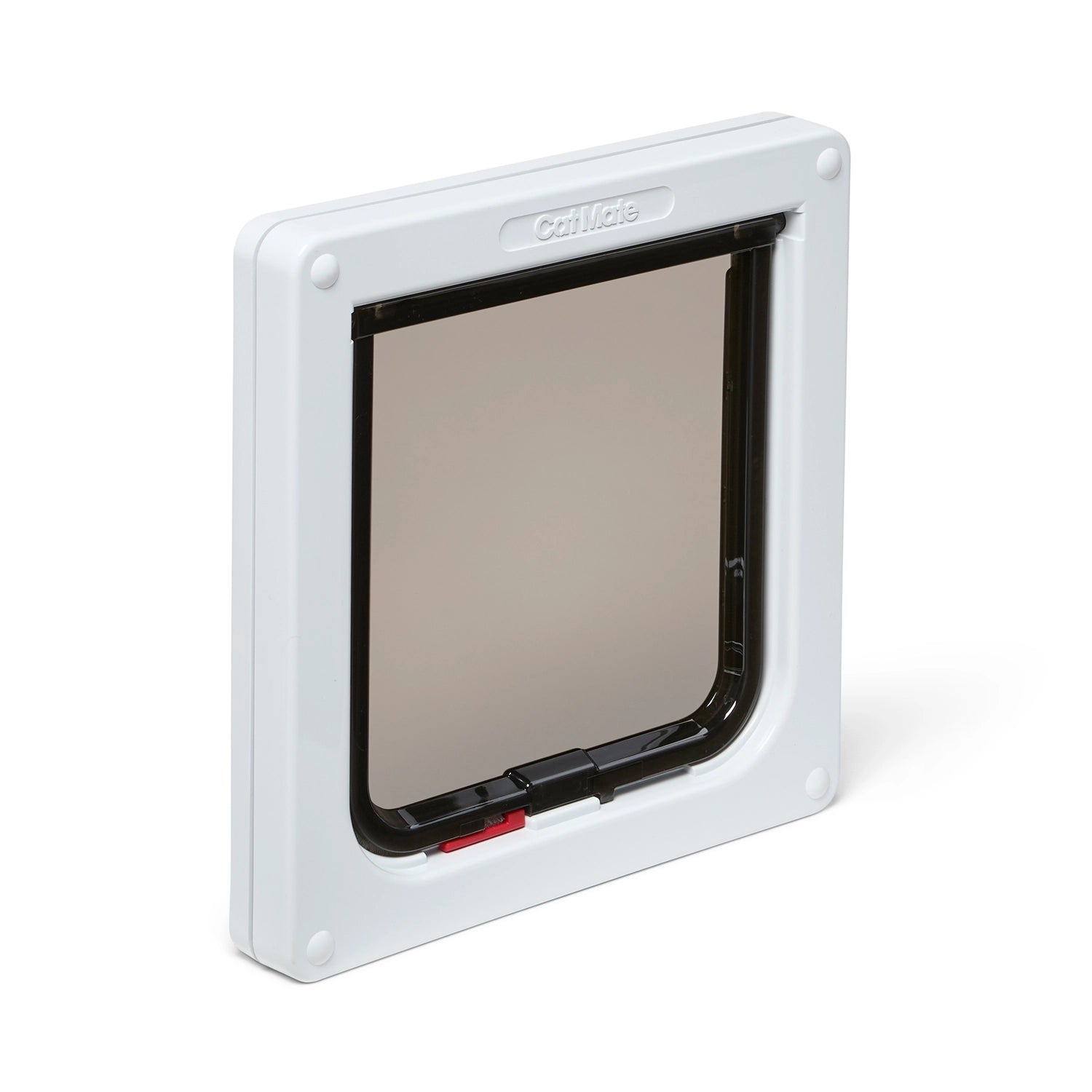 Raised front angle view of the lockable plastic cat flap by Cat Mate in white with a clear panel for average size cats, on a white background