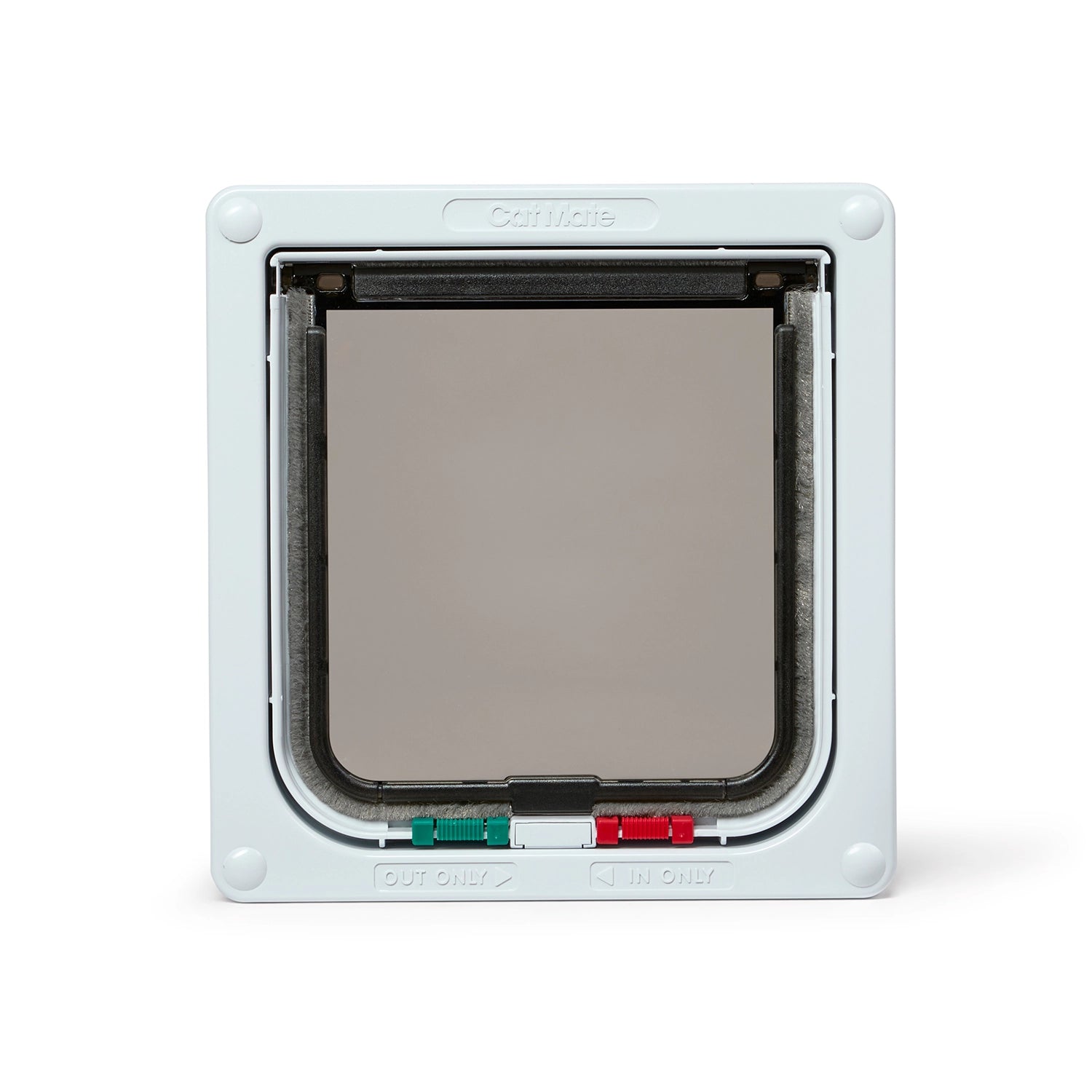 Pet door for cats in white with a transparent flap on a white background