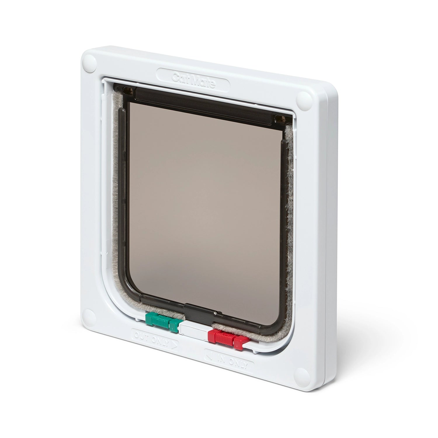 A Cate Mate pet door with 4-way locks in white for average size cats with a transparent flap on a white background