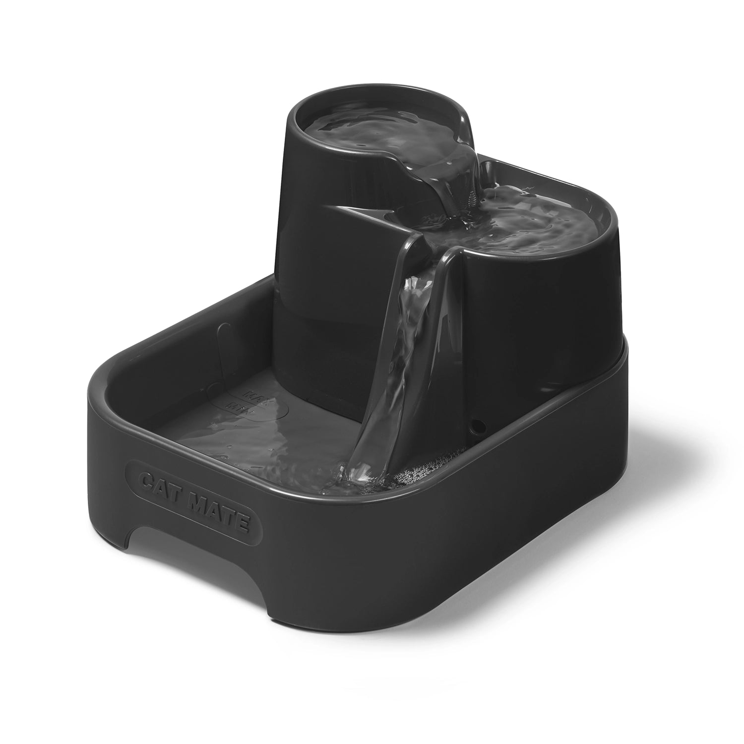 A grey Cat Mate fountain for cats and small dogs showing the flow of water when it is filled, on a white background