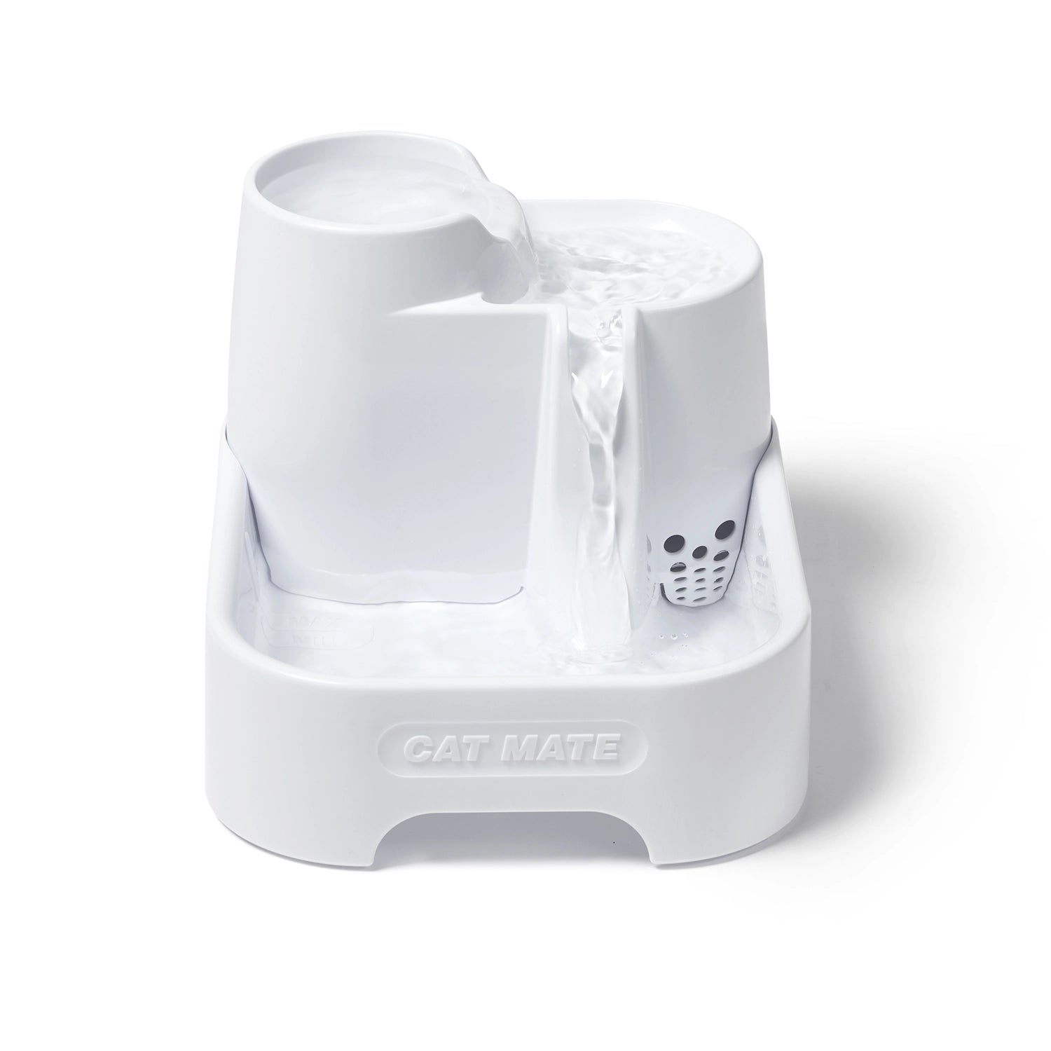 White pet water fountain with 'Cat Mate' branding on a white background