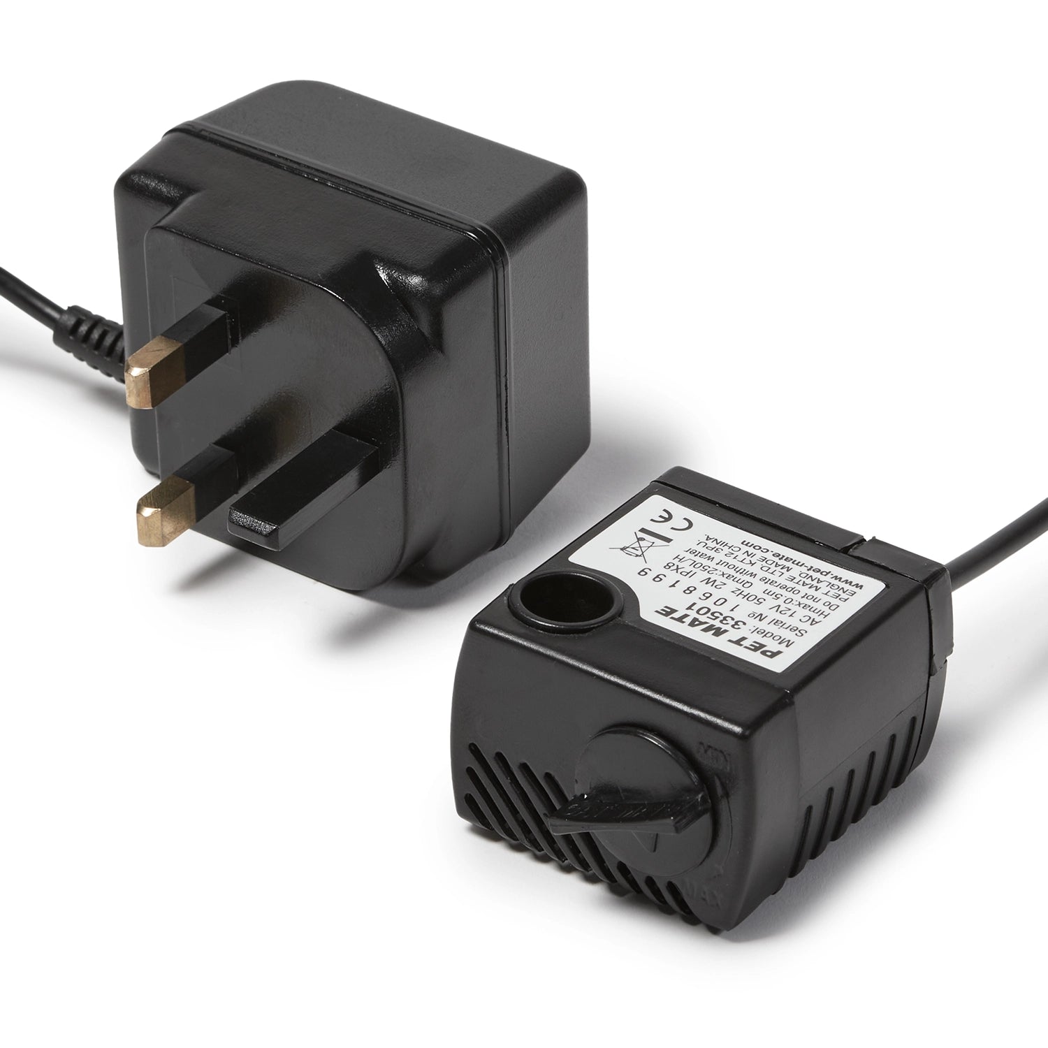 Black power adapter with plug and black electronic component on a white background