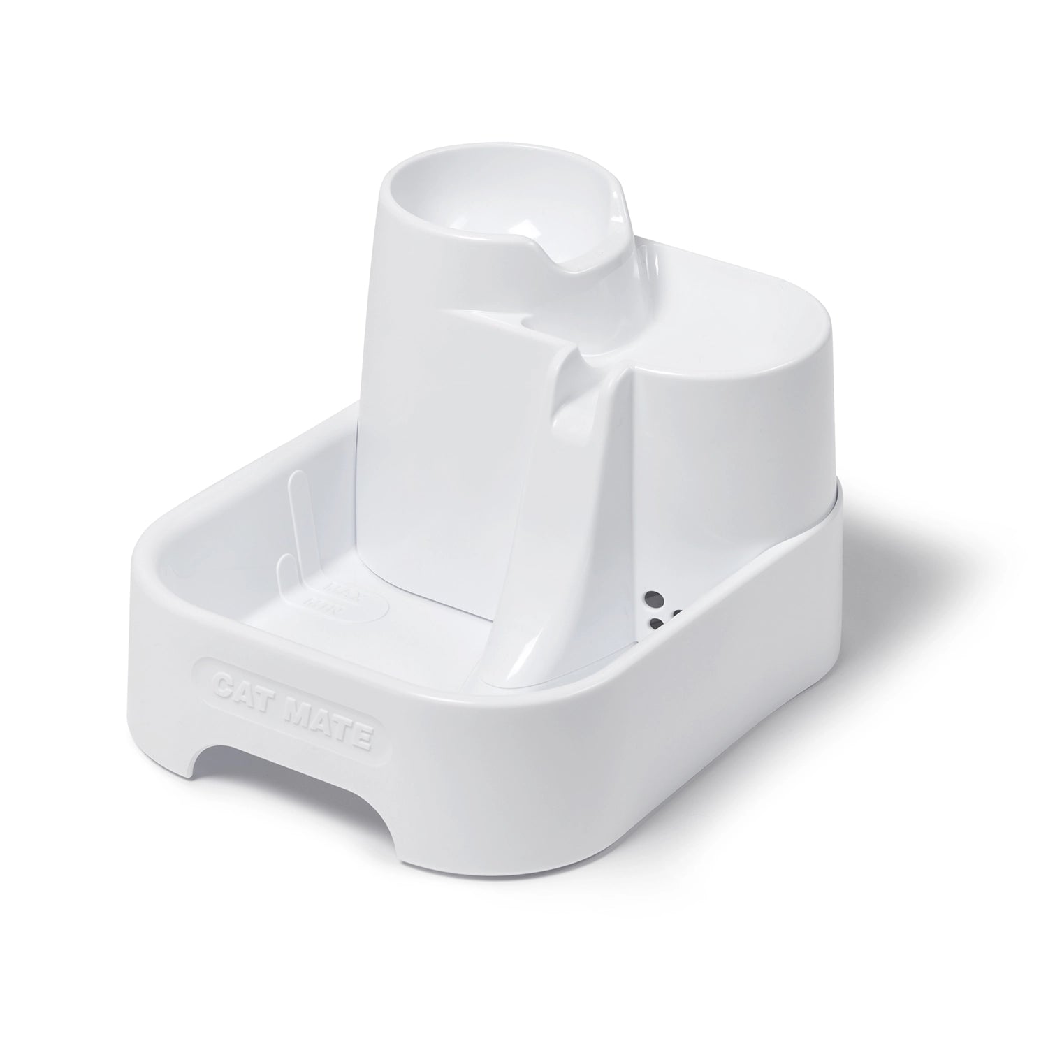 Empty white pet water fountain by Cat Mate on a white background