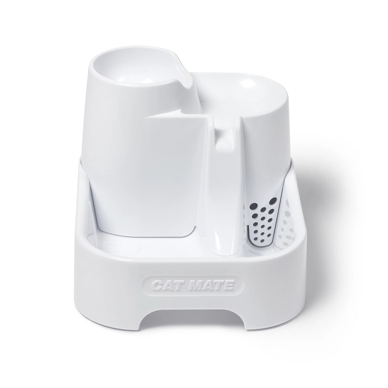 Front view image of an empty white pet water fountain with 'Cat Mate' branding on a white background