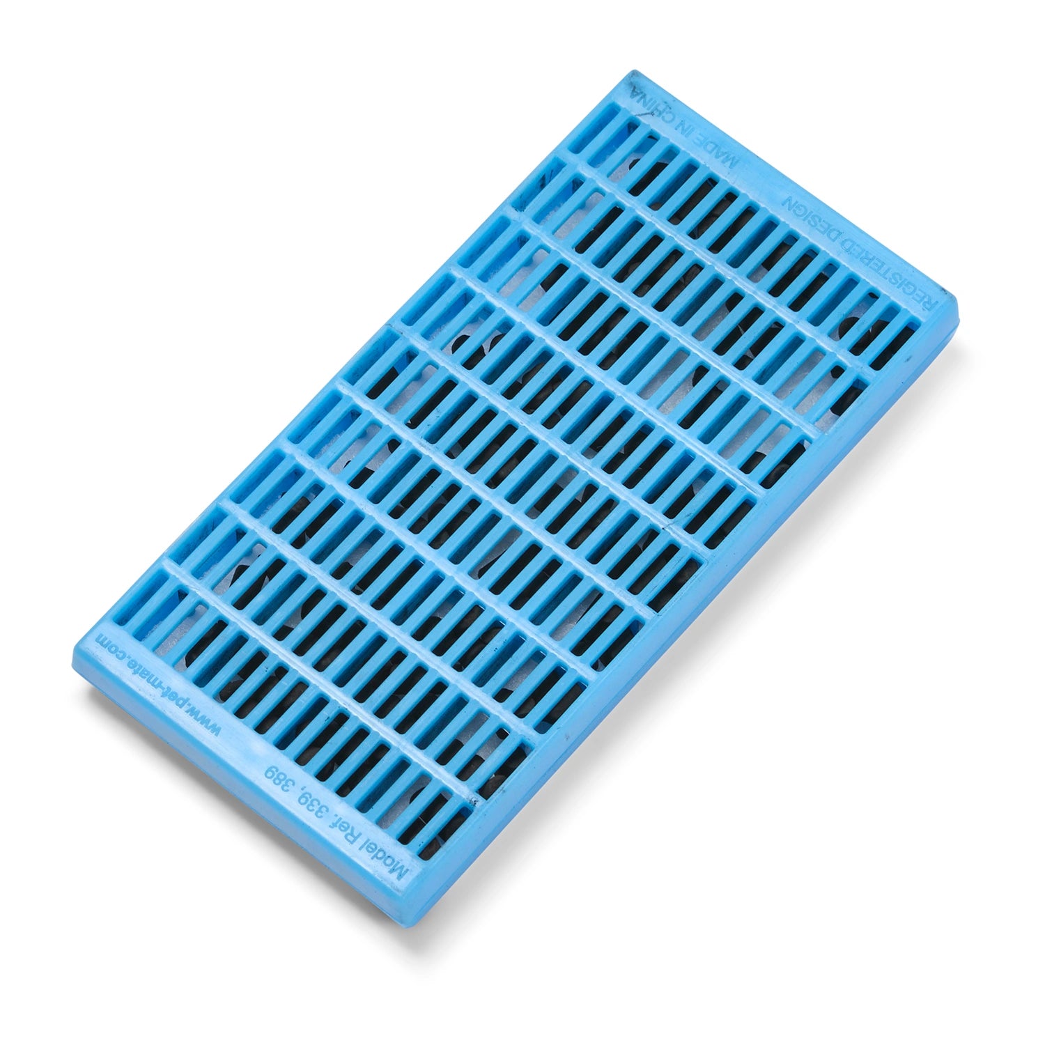 A view of the back of the blue plastic filter pad casing which is suitable for cat Mate and Dog Mate pet drinking fountains on a white background