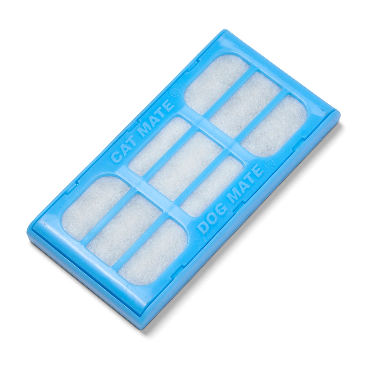 Blue silicone casing for the white filter pad with 'Cat Mate' and 'Dog Mate' brand marks on the top and bottom, on a white background