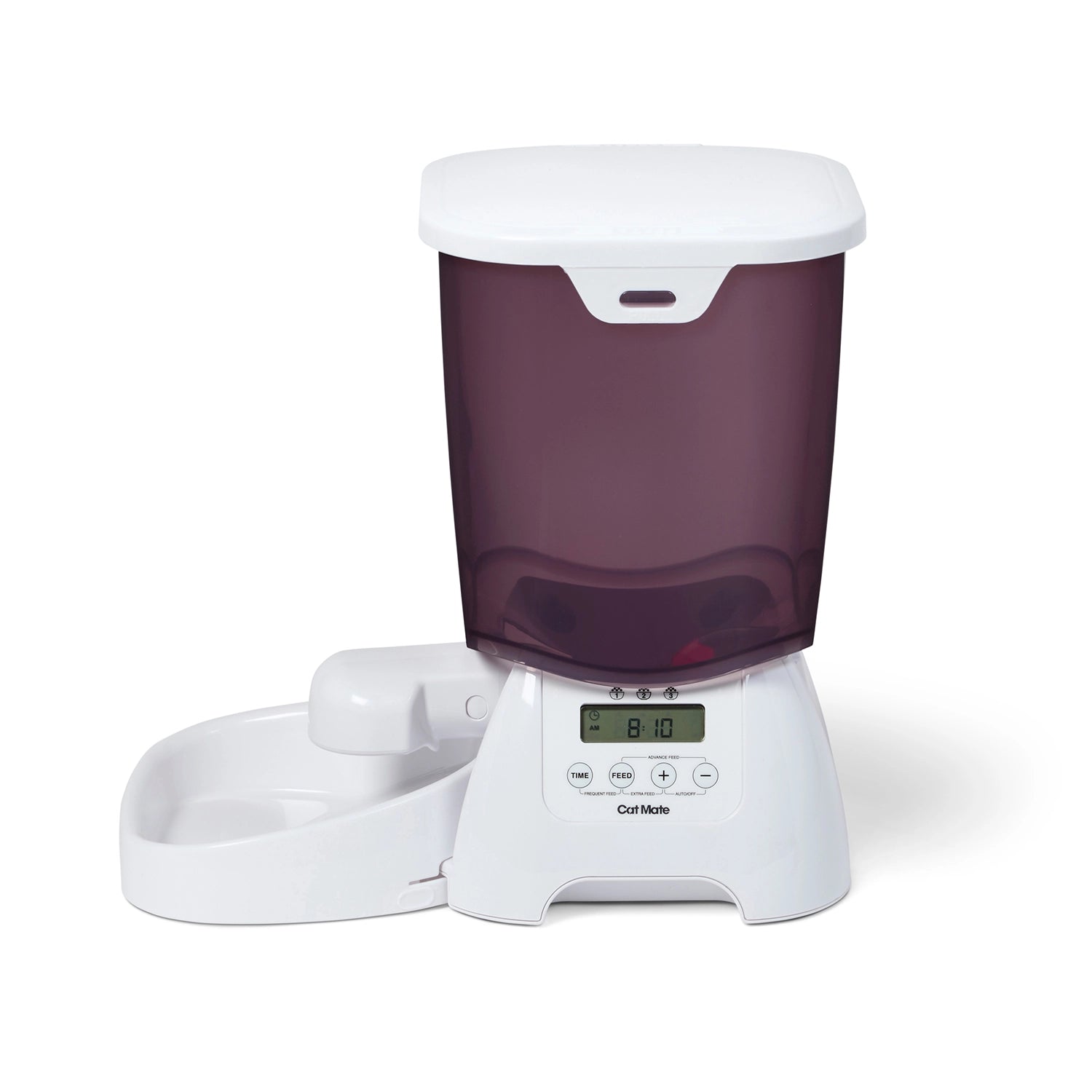A side on view on the white automatic pet feeder and timer on a white background