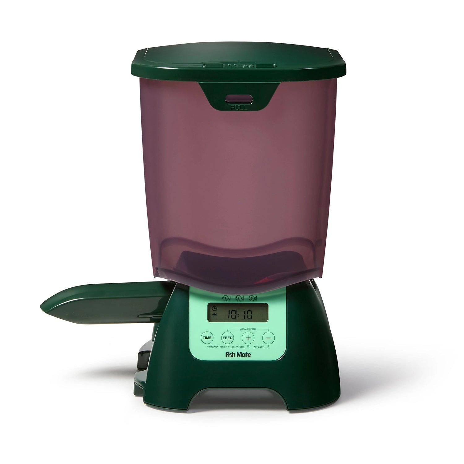 Green and purple automatic feeder for pond fish on a white background