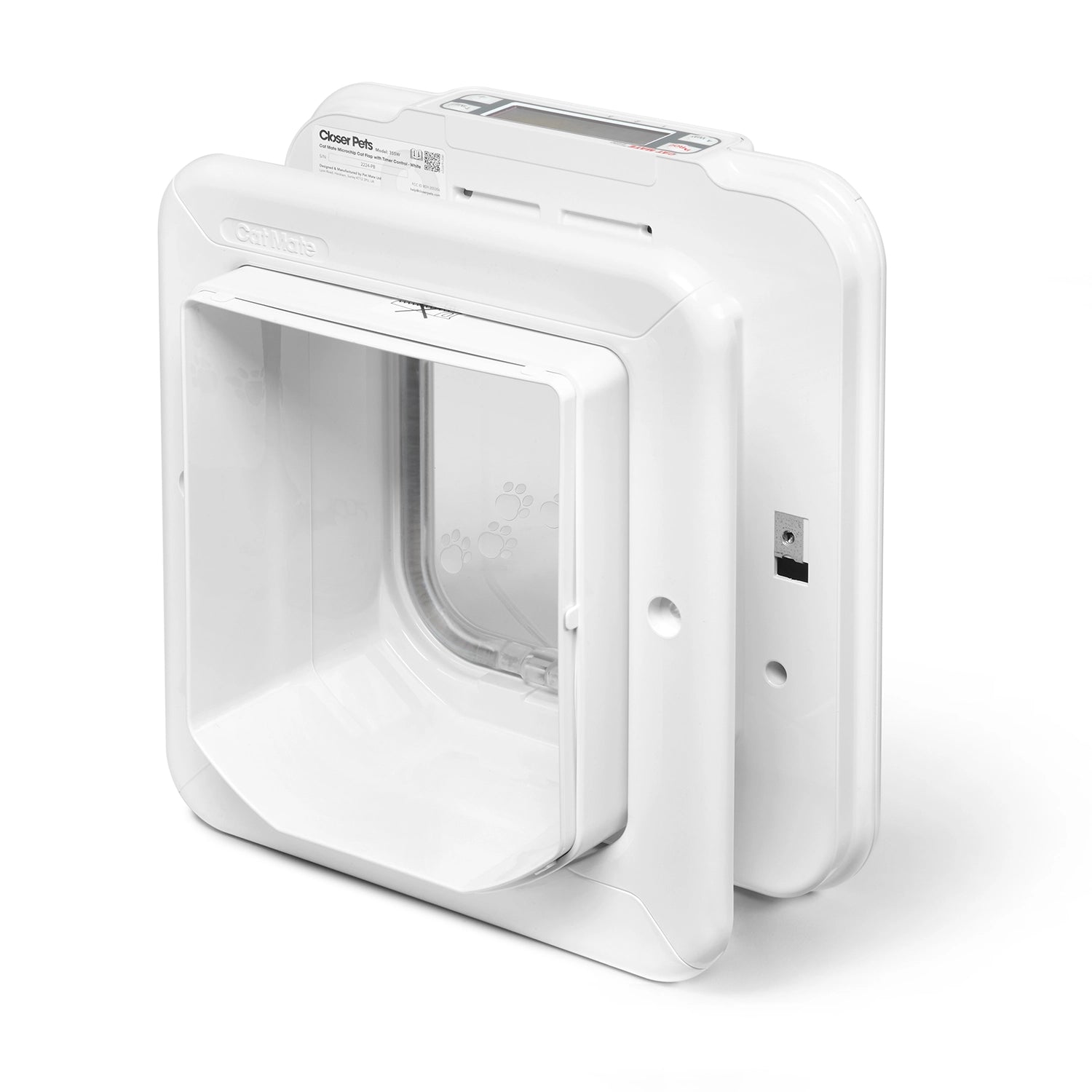 White pet door with clear plastic flap on a white background
