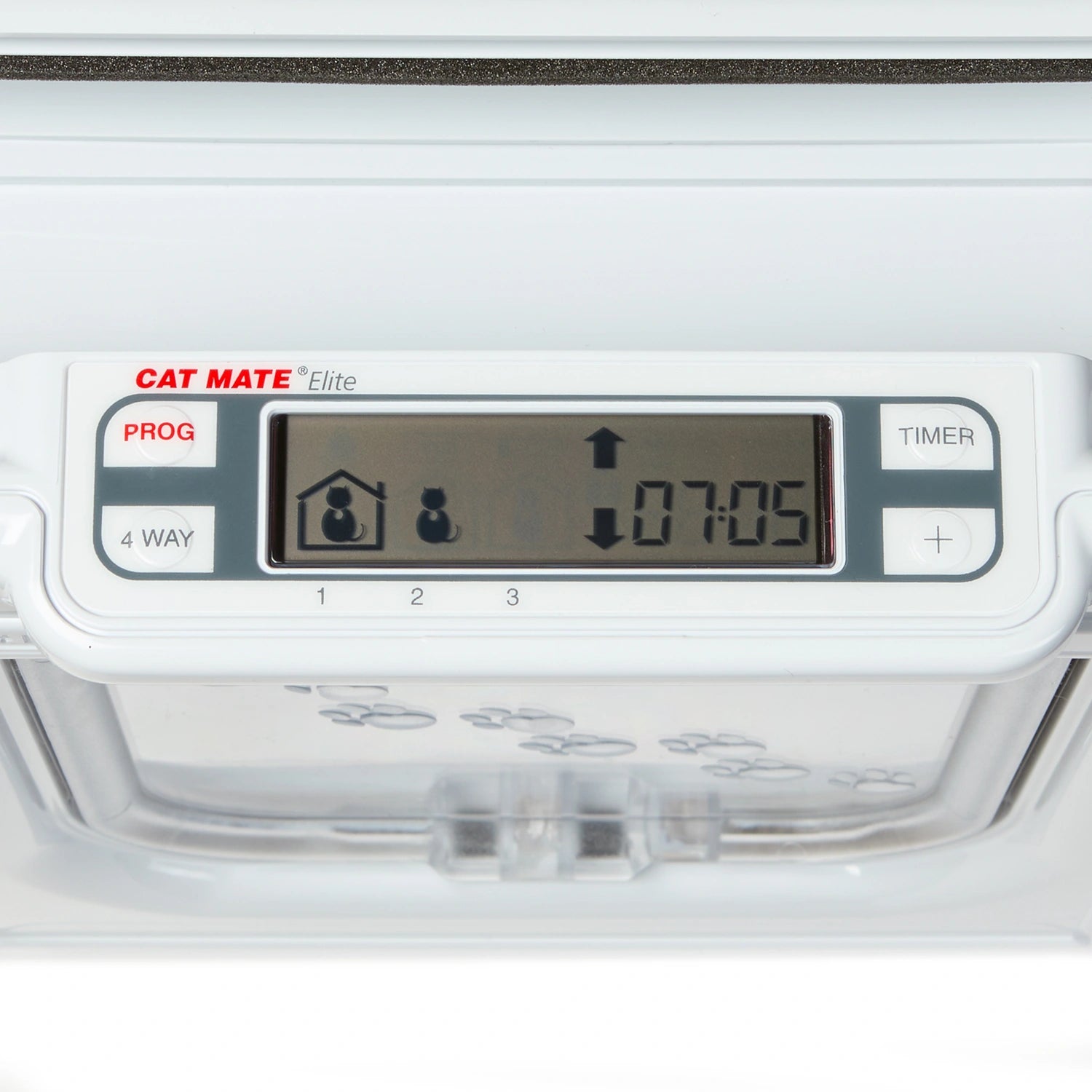 Cat Mate cat flap im white with digital display on a white background which can be used by up to nine cats, on a white background