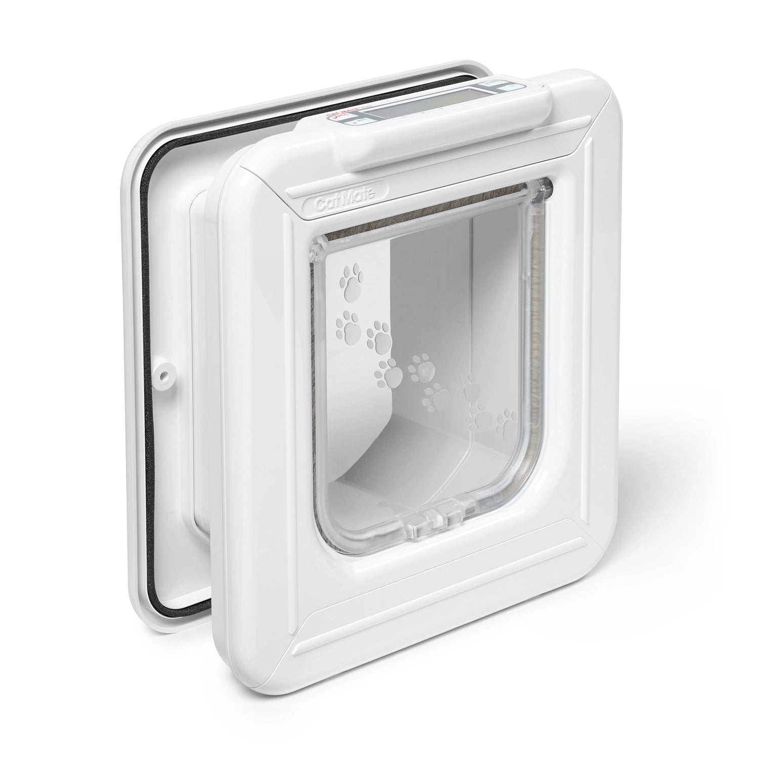 A front angle of the white microchip cat flap with timer control on a digital display.
