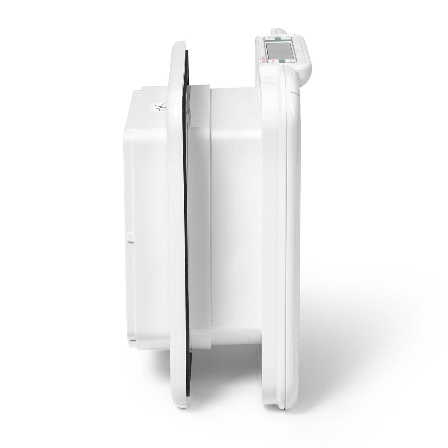 A side on view of the Cat Mate cat flap that can be operated by a cat's microchip, or a Cat Mate electronic ID disc, which displays the width of the cat flap as well as the timer positioned at the top of the cat flap, on a white background