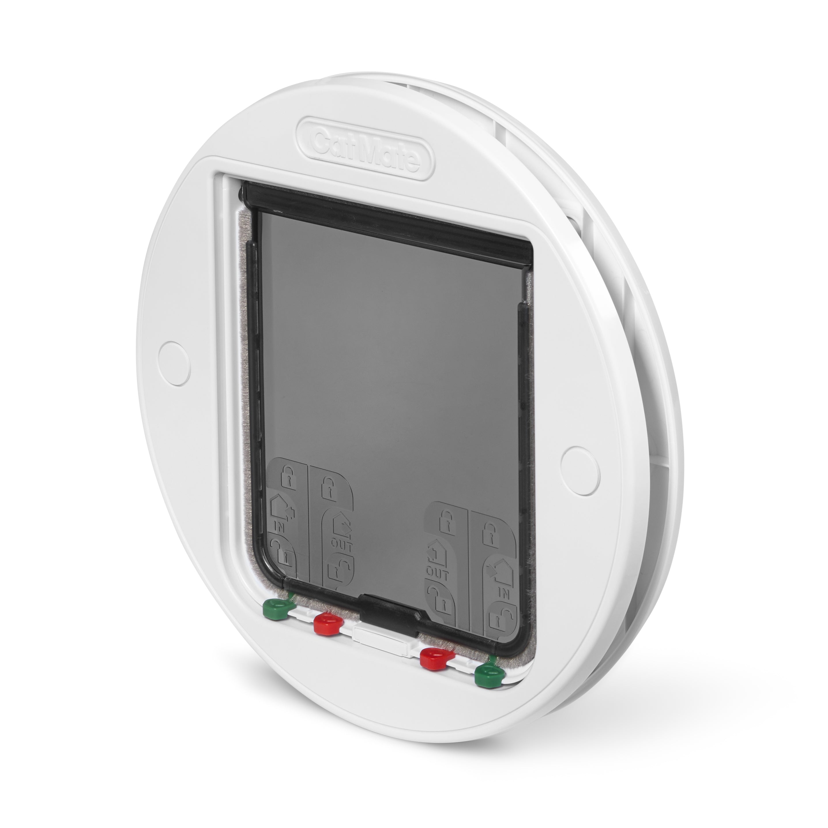 A side-angled view of the white pet door frame and translucent plastic flap which is suitable for large cats and small dogs on a white background
