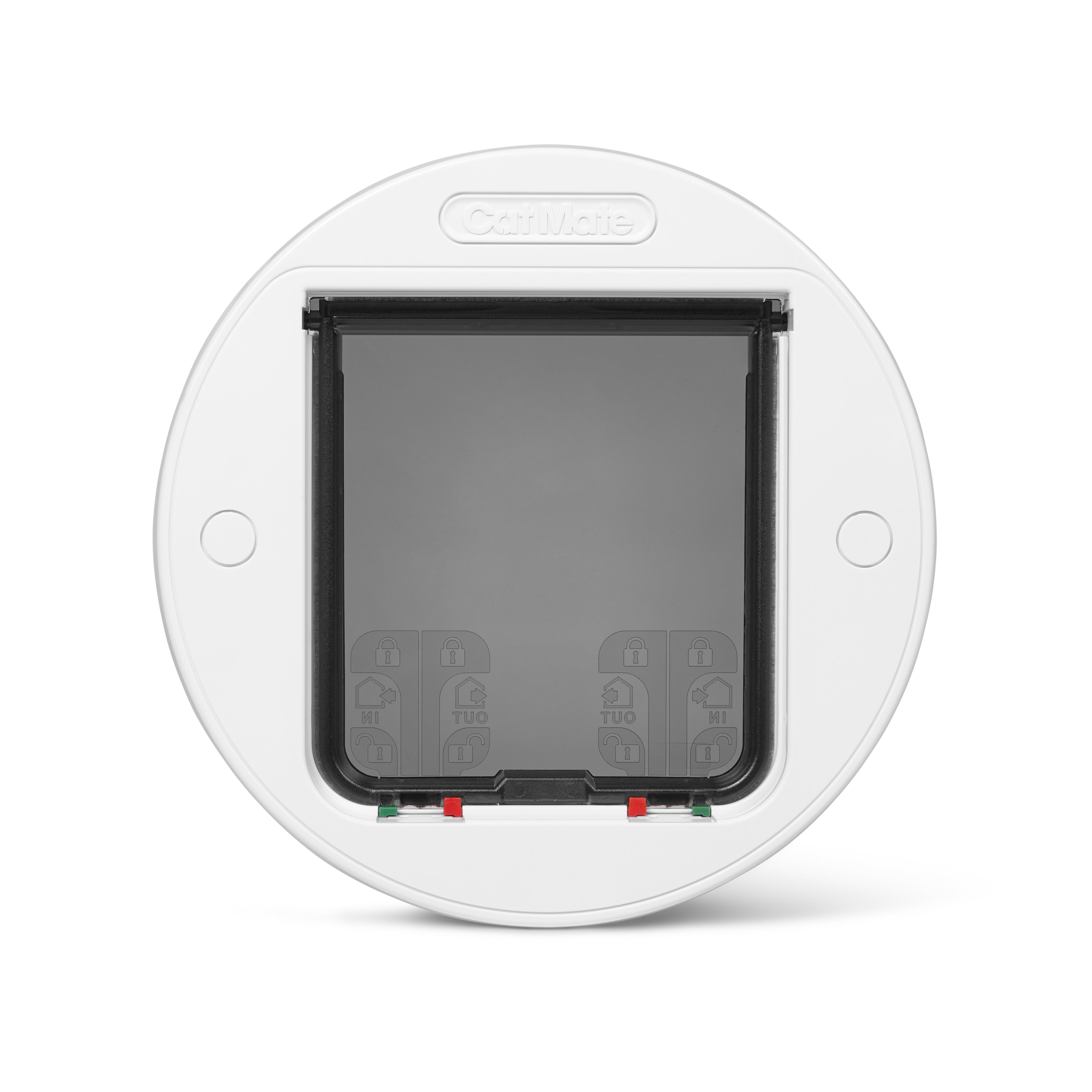 Front view of the white circular pet door frame with a clear flap and four-way manual locks