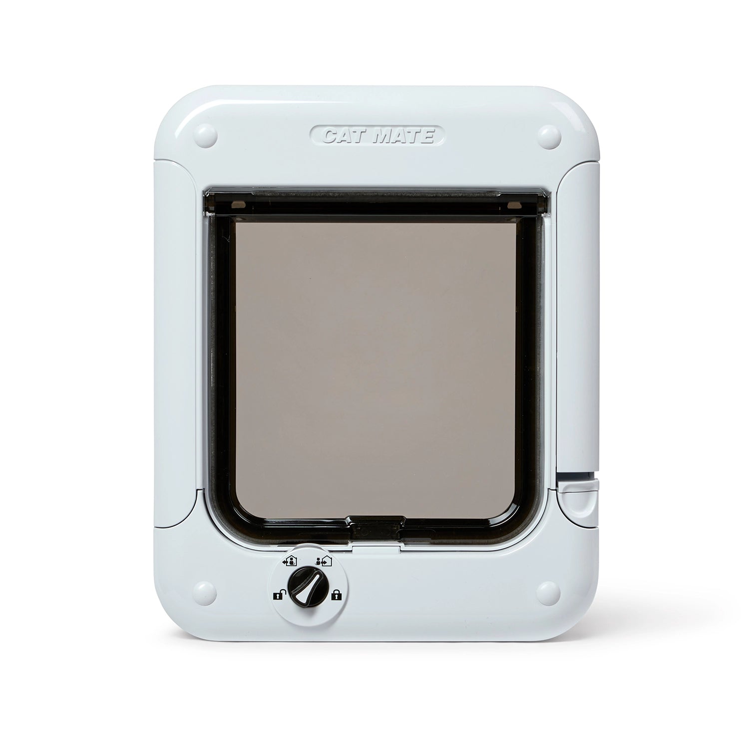 Cat Mate pet door with a 4 way rotary lock in white with a clear flap for small to average size cats on a white background