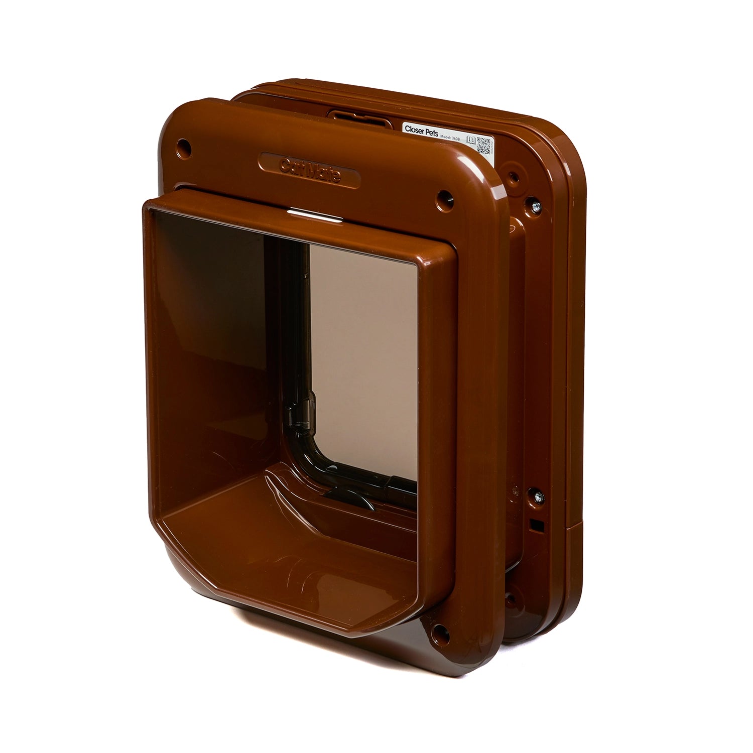 A side angle view of the back of the microchip activated cat flap in brown for small to average size cats on a white background