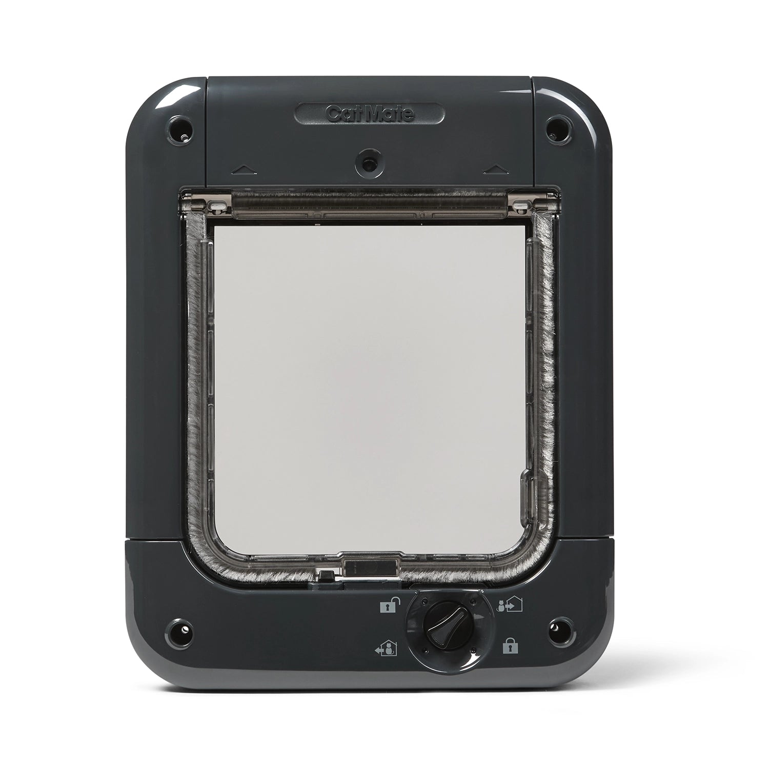 A grey Cat Mate cat flap which is activated using a paired cat's microchip, and a manual 4-way lock.