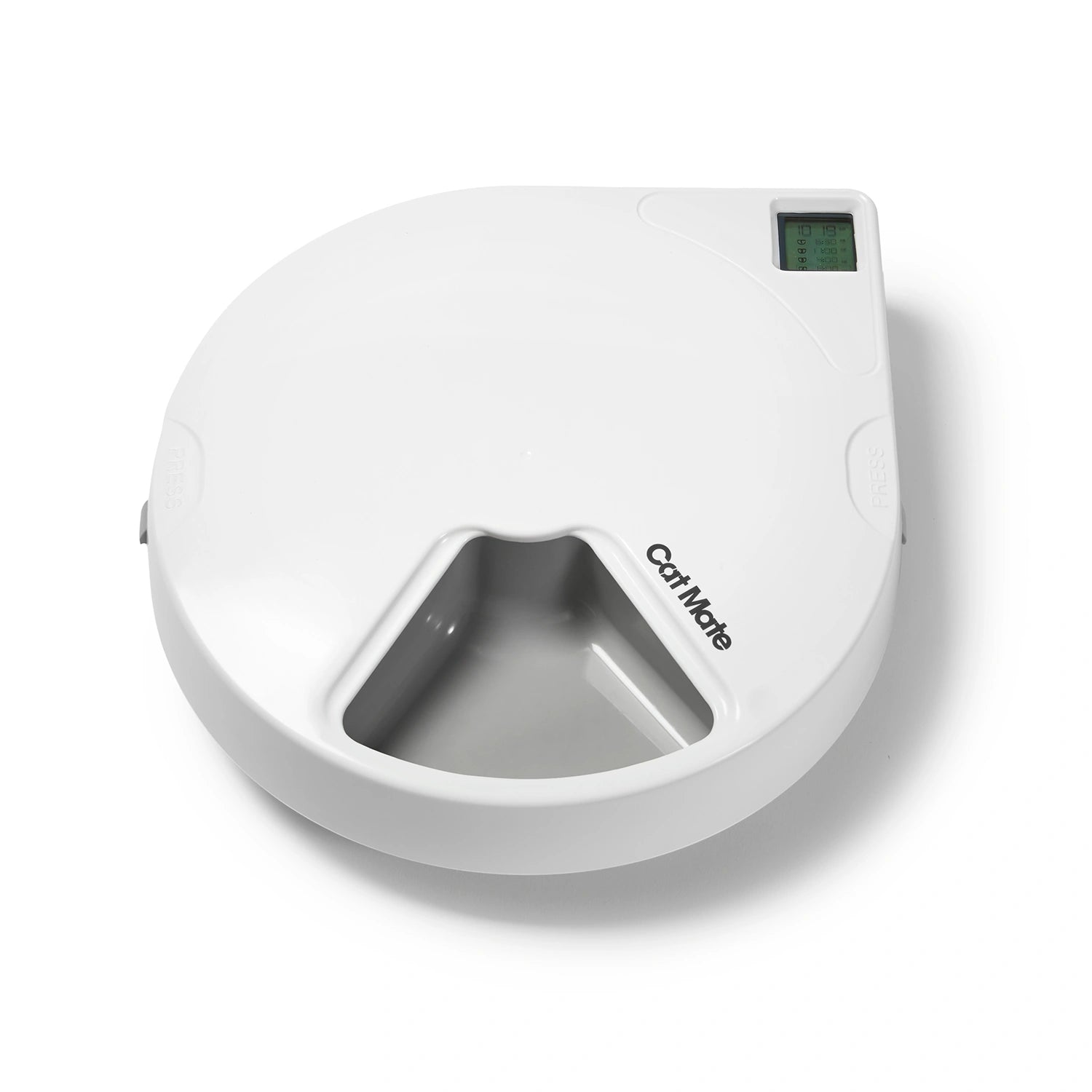 An empty white pet feeder by Pet Mate with a grey coloured base and a digital display on a white background