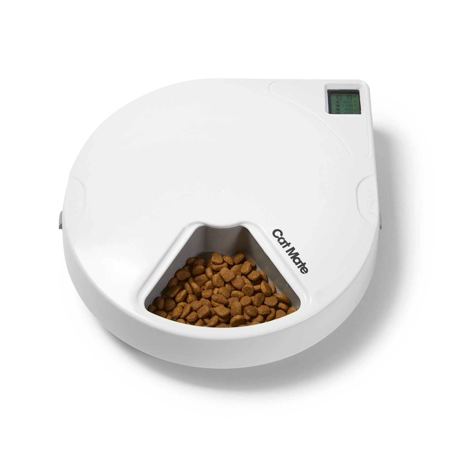 White pet feeder with food and 'Cat Mate' branding on a white background