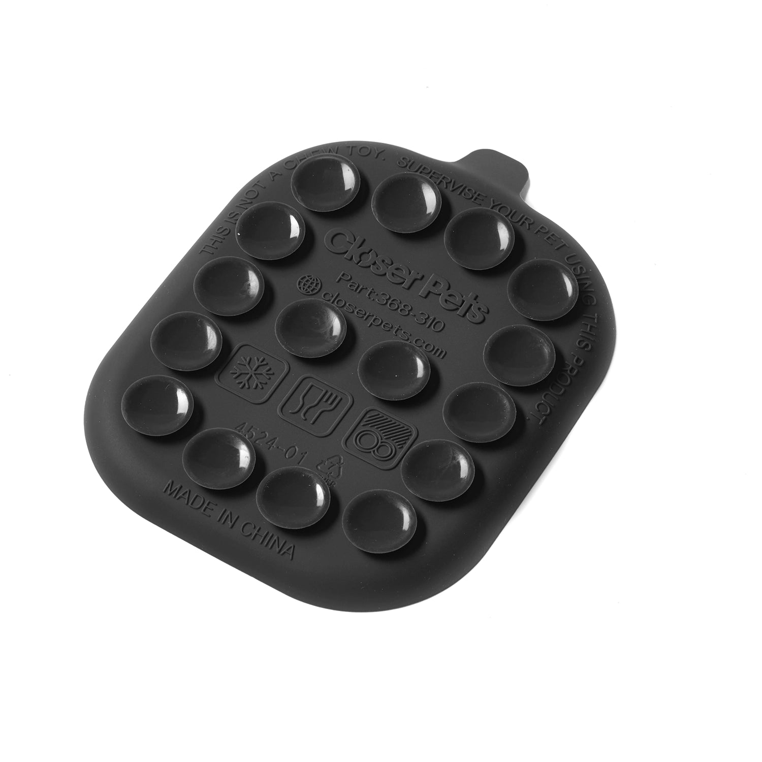 Black silicone lick mat with multiple suction cups to secure the lick mat to surfaces on a white background