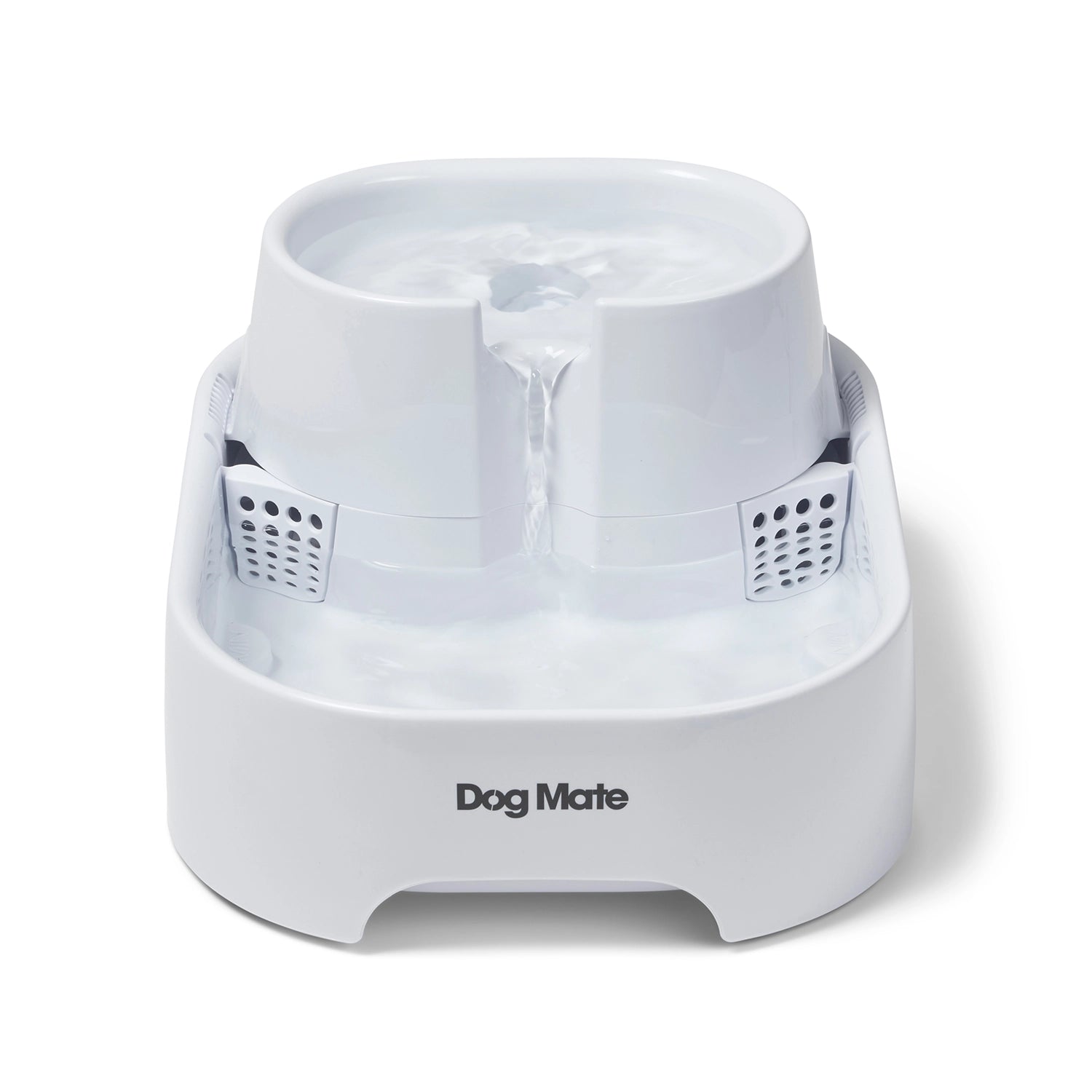 White two tier pet water fountain with 'Dog Mate' branding on a white background