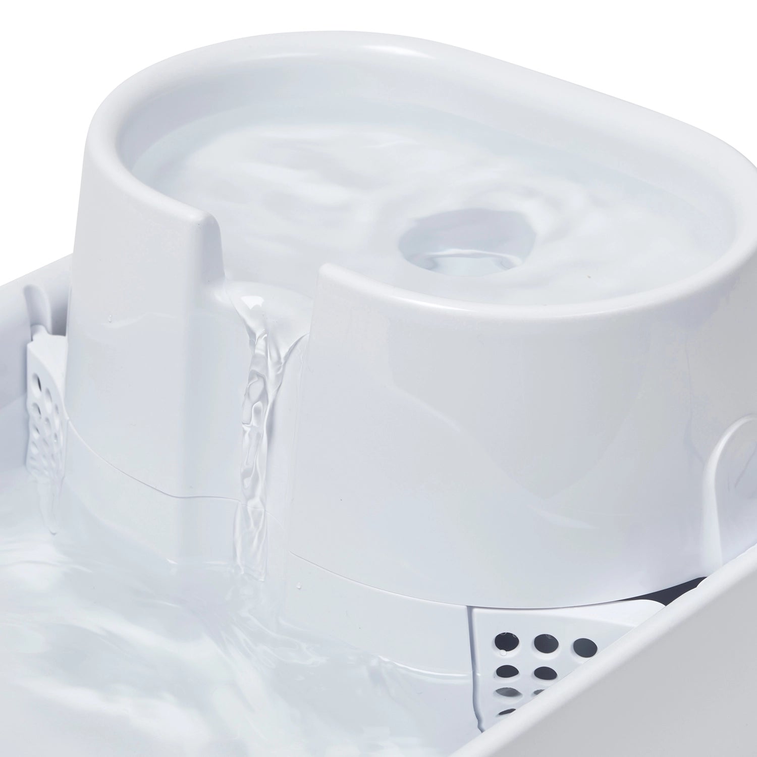 Close-up of the top tier of the larger pet fountain in white with a brand logo on a white background