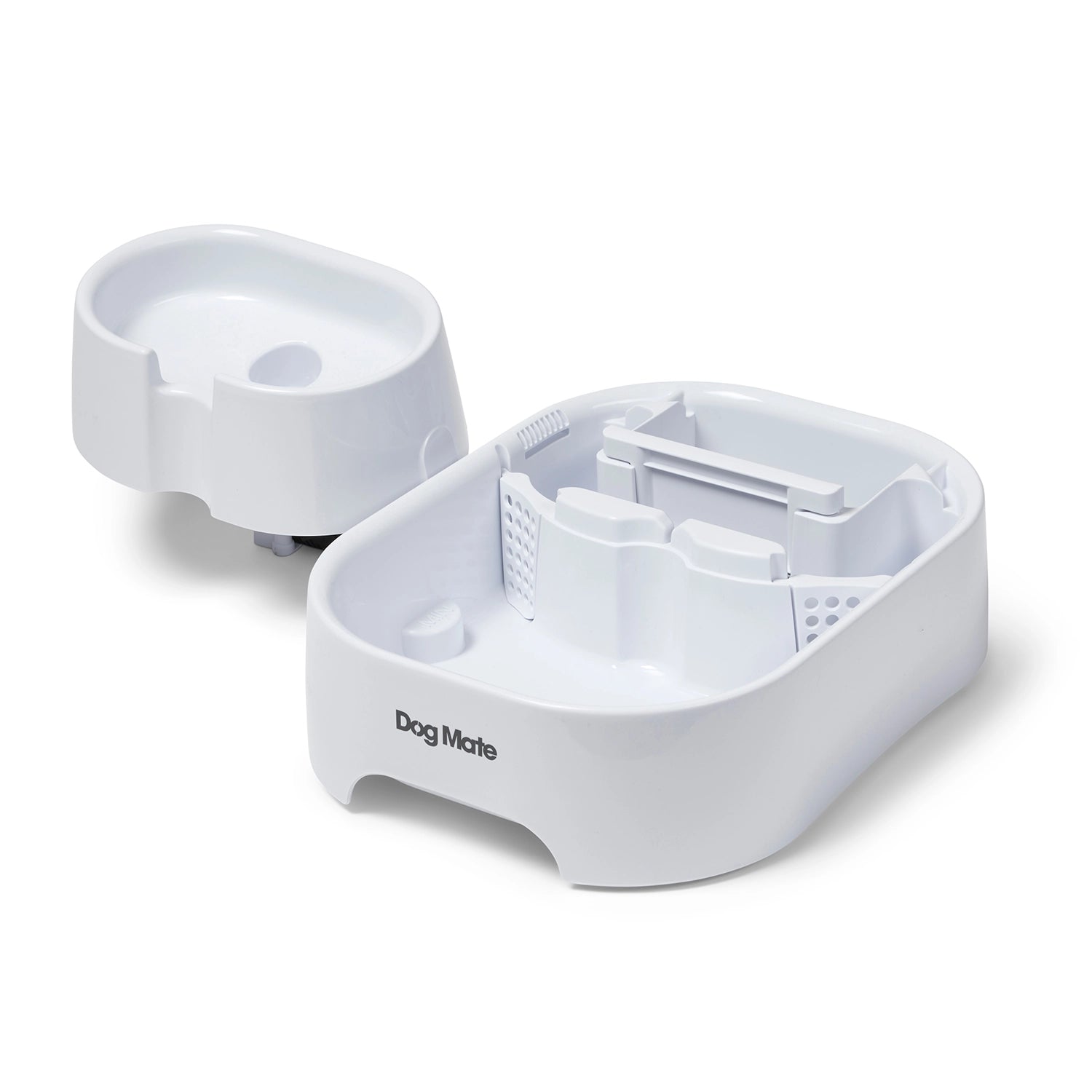 The two empty levels of the fountain displaying the inside of the bottom tier on a white background