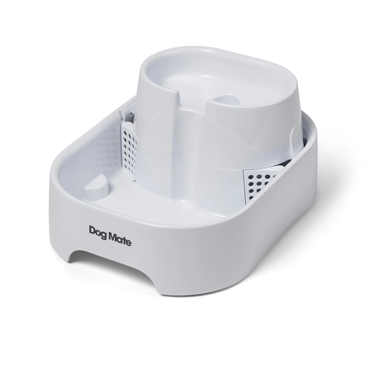 Empty two tier white pet water fountain with 'Dog Mate' branding on a white background