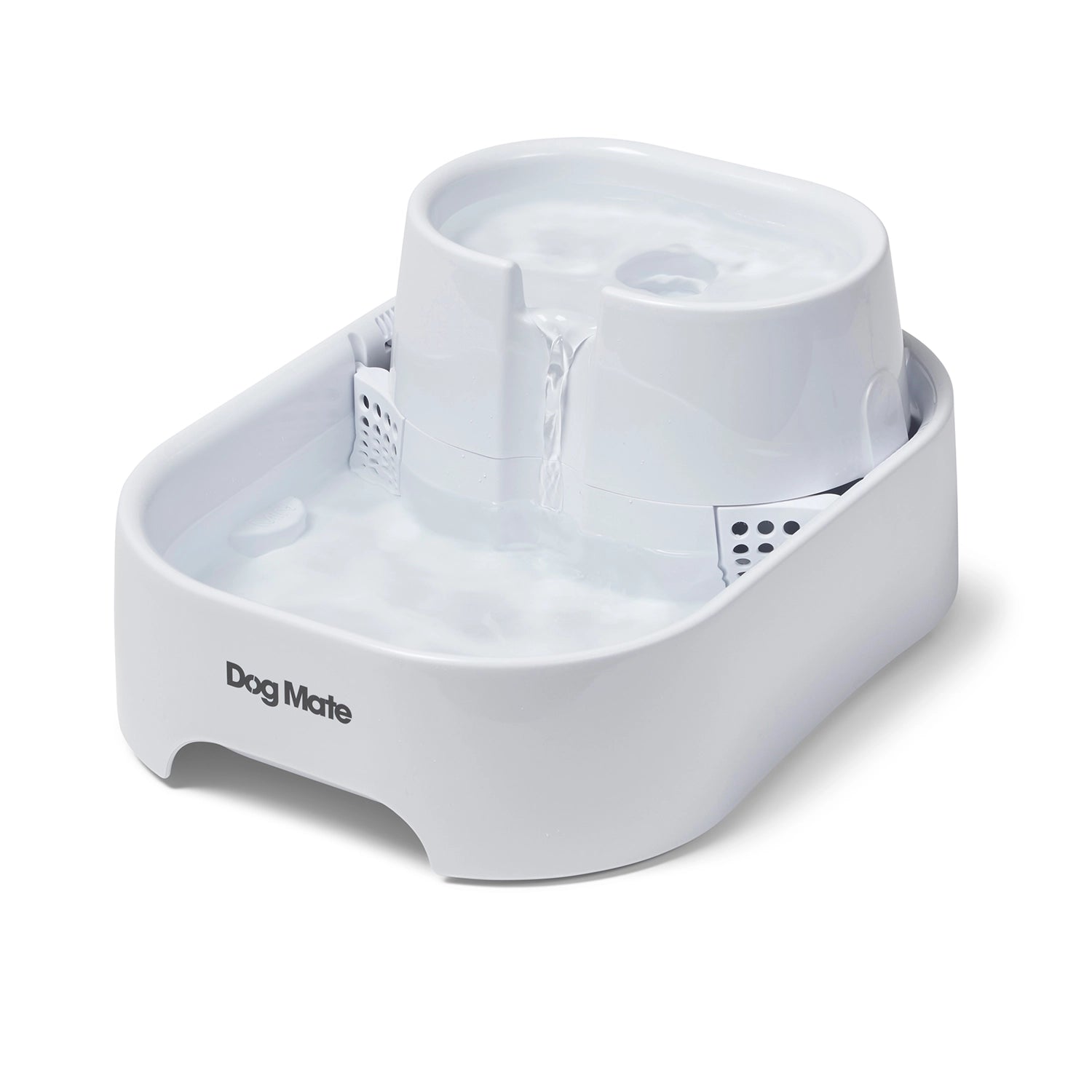 White pet water fountain with a 6L capacity and 'Dog Mate' branding on a white background