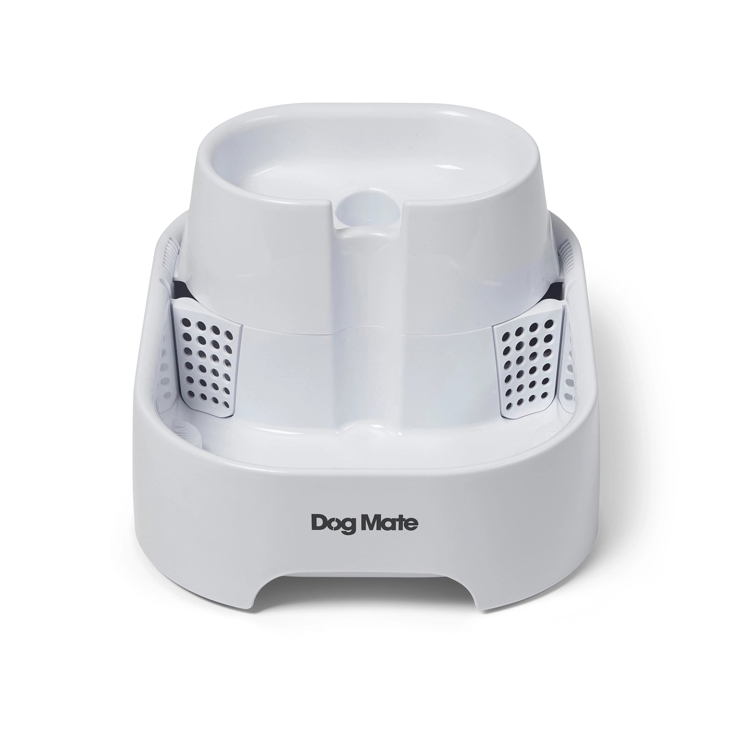 White pet water fountain with 'Dog Mate' branding on a white background