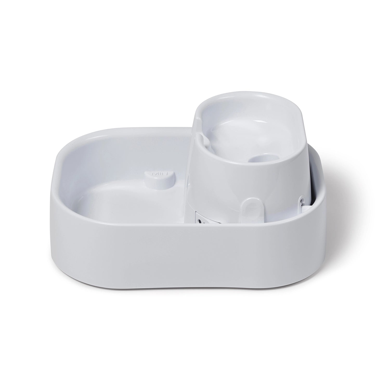 A side on view of the 6L white pet water fountain fwith two tiers whiuch is suitable for larger dogs over 40kg on a white background