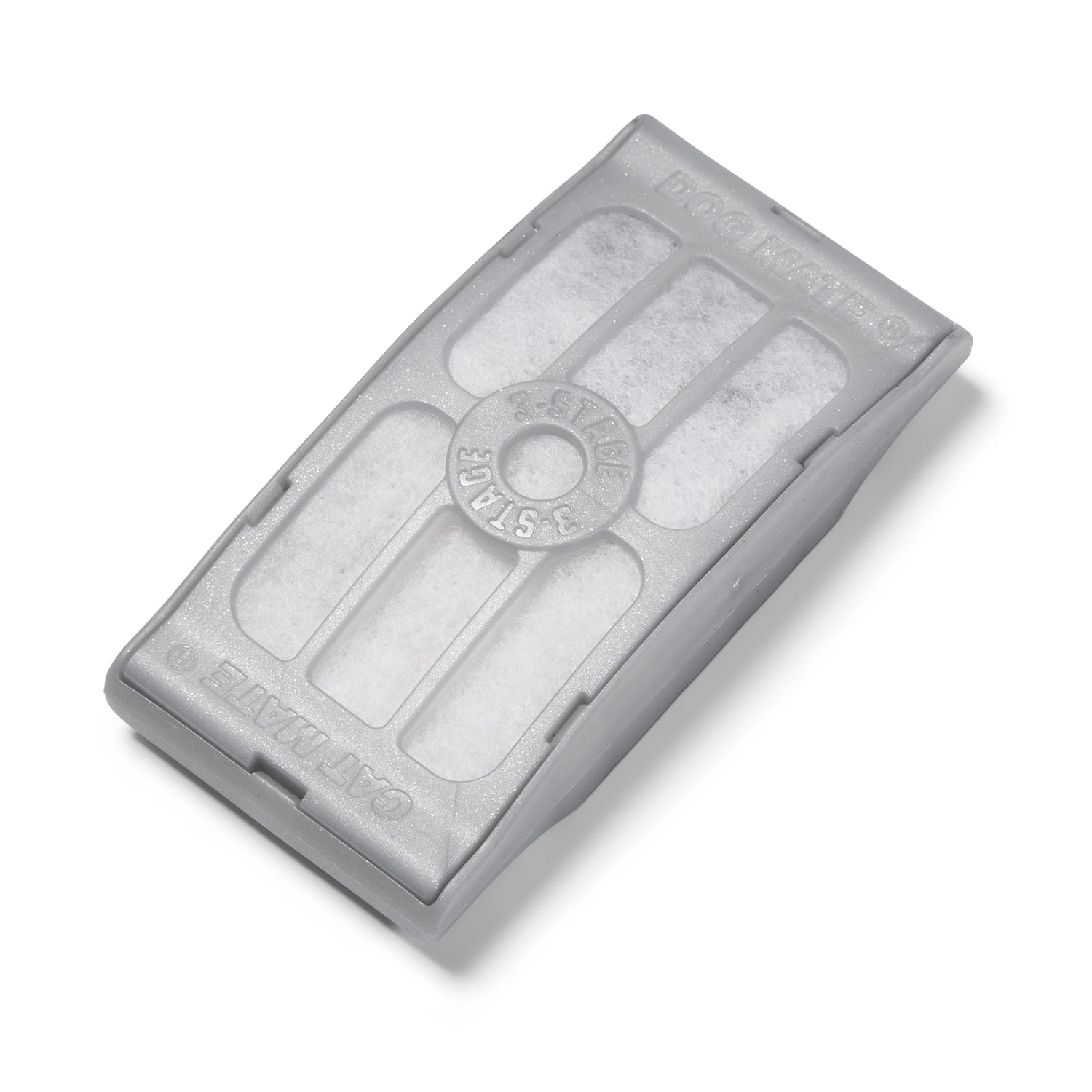 A close up view of the white filter pad in the grey cartridge cover with 'Cat Mate' and 'Dog Mate' branding on it.