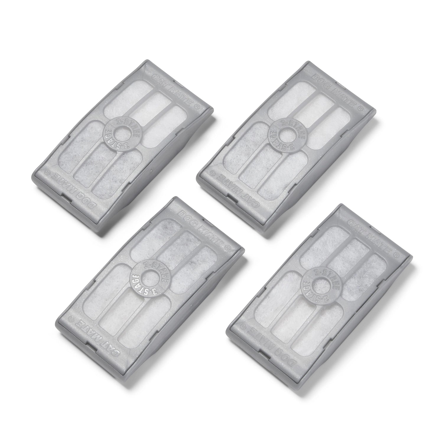 Four grey rectangular plastic filter covers with a central circular design  and a white rectangular filter pad inside on a white background