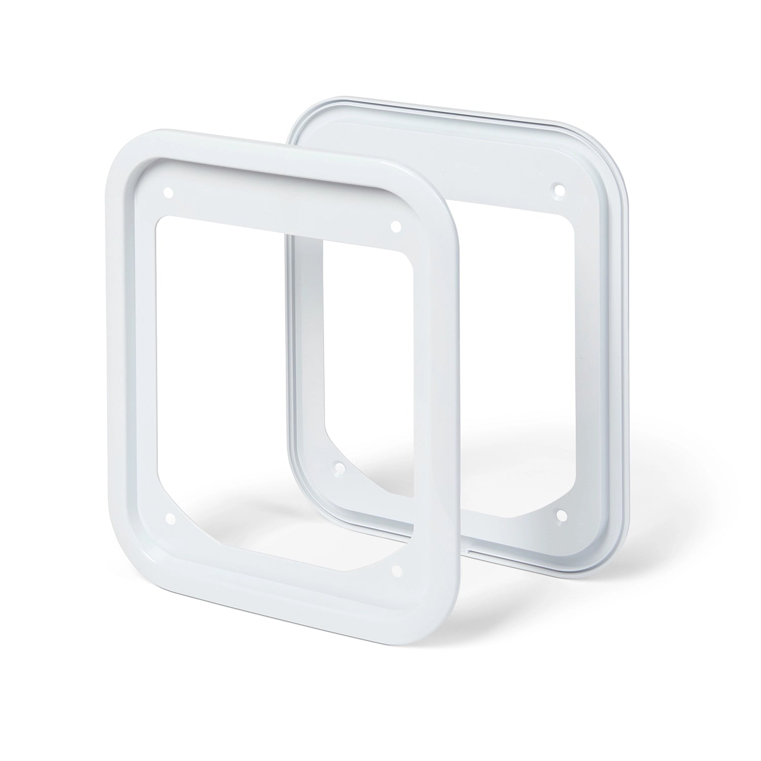 Two square plastic frames of the cat flap adaptor kit in white which is suitable to help install cat flaps in to UPVC or metal doors,  on a white background