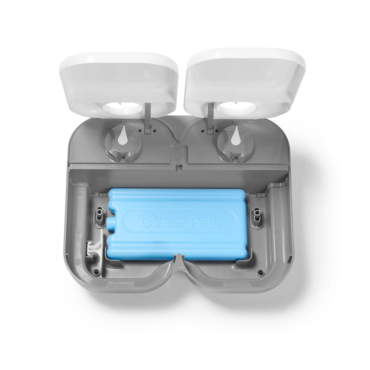 A top view of a single blue reusable plastic ice pack displayed at the bottom in the grey base of the two meal automatic pet feeder on a white background