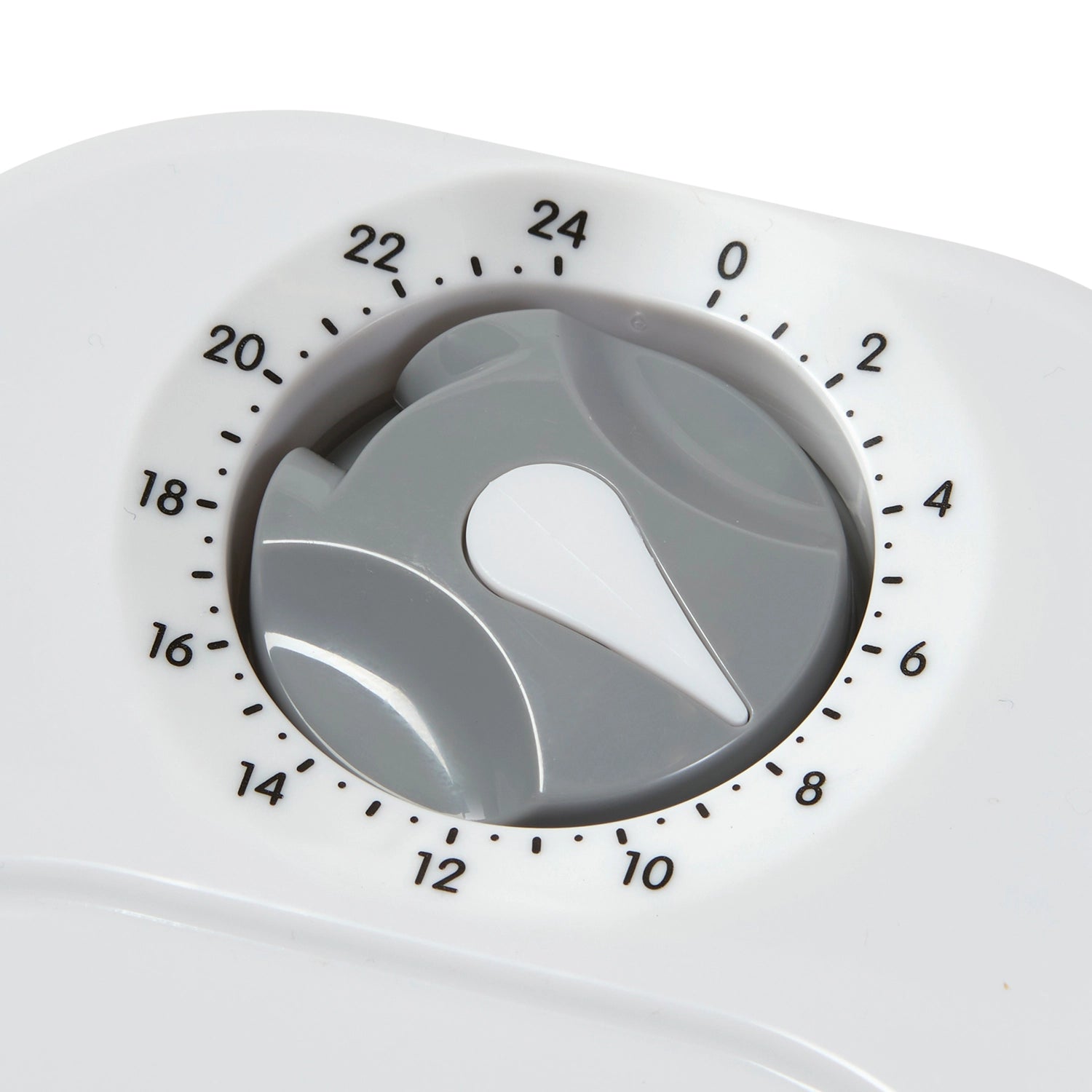 Close-up of the mechanical timer on the one meal pet feeder with a white background