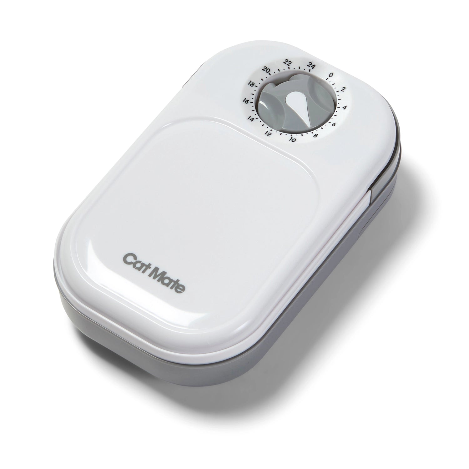 A white and grey single meal pet feeder  which is suitable for cats and small dogs and can be used to feed them wet or dry food, on a white background