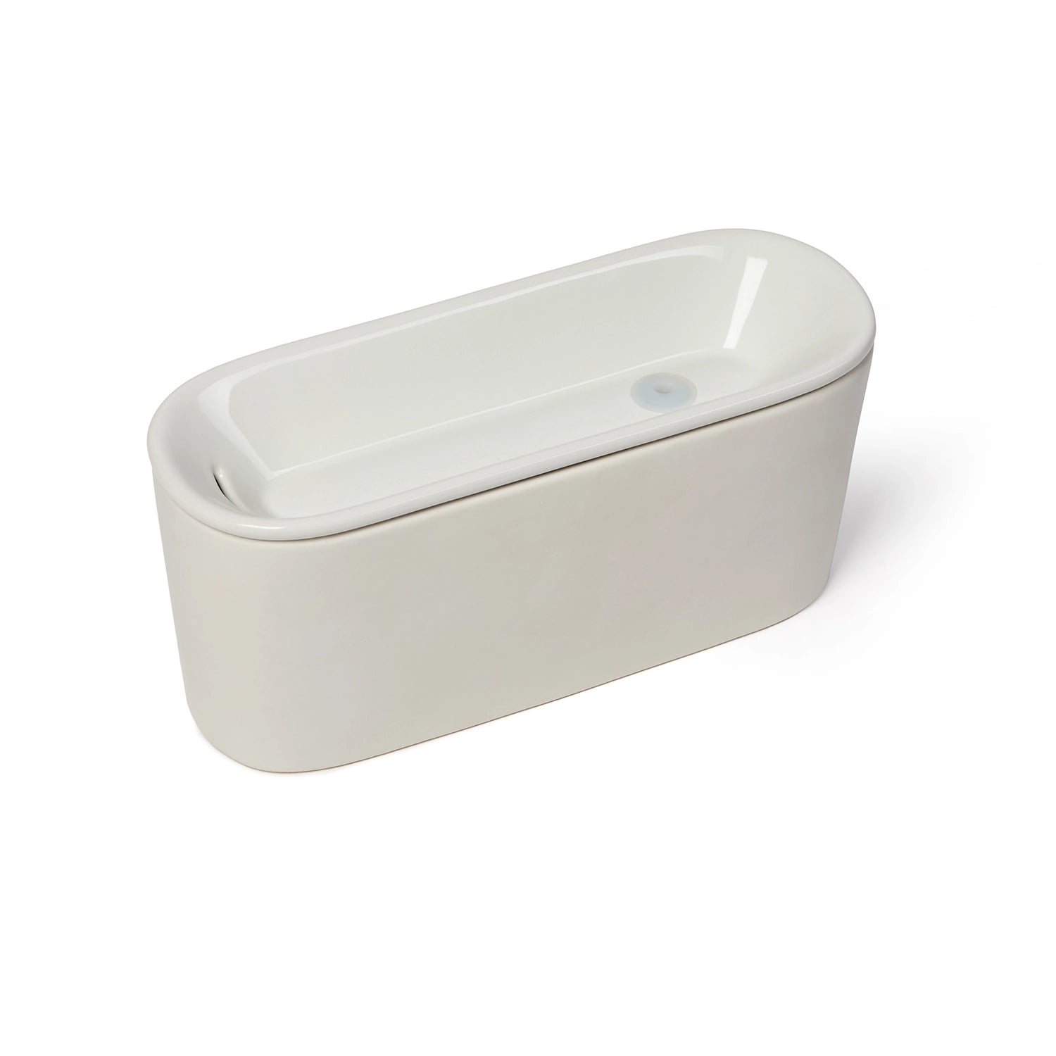 Empty grey ceramic pet water fountain with oval shape and dual-wall design, featuring a shallow drinking basin on top, which has an overall capacity of 800ml.