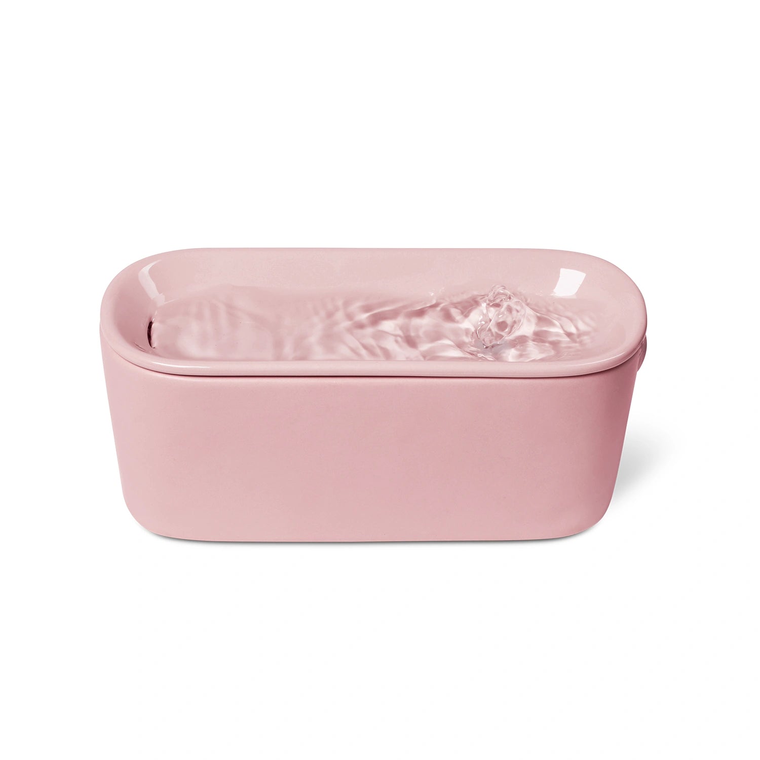 A pink rectangular Cat Mate ceramic water fountain with an 800ml capacity, and a lid which acts as a bowl, shown filled with water on a clean white background.