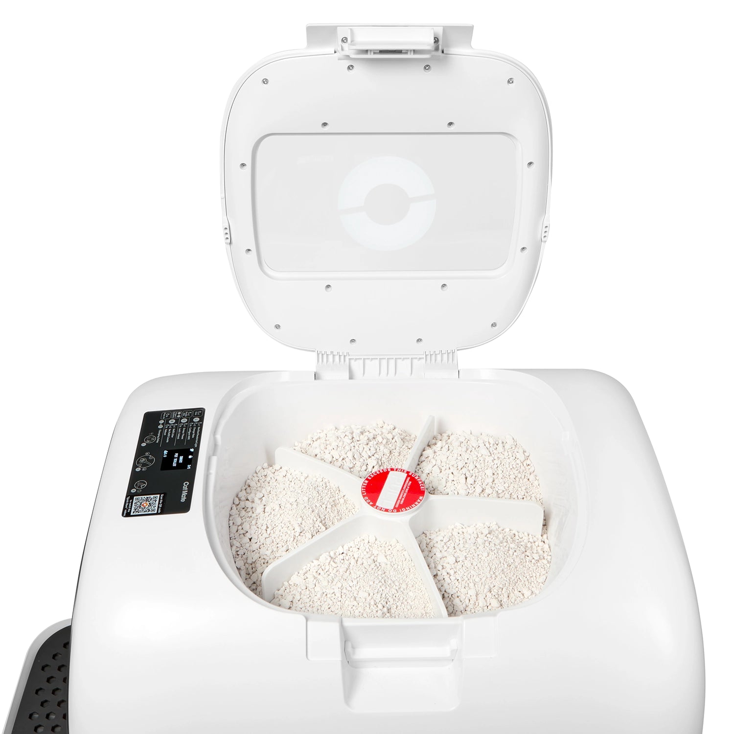 Overhead view of the Cat Mate automatic cat litter box with the lid open, showing the interior main litter chamber filled with white clumping litter divided into five sections by white dividers. A red and white circular cleaning rake mechanism is positioned in the centre. The white unit features a touchscreen control panel on the left side displaying settings and Wi-Fi connectivity.
