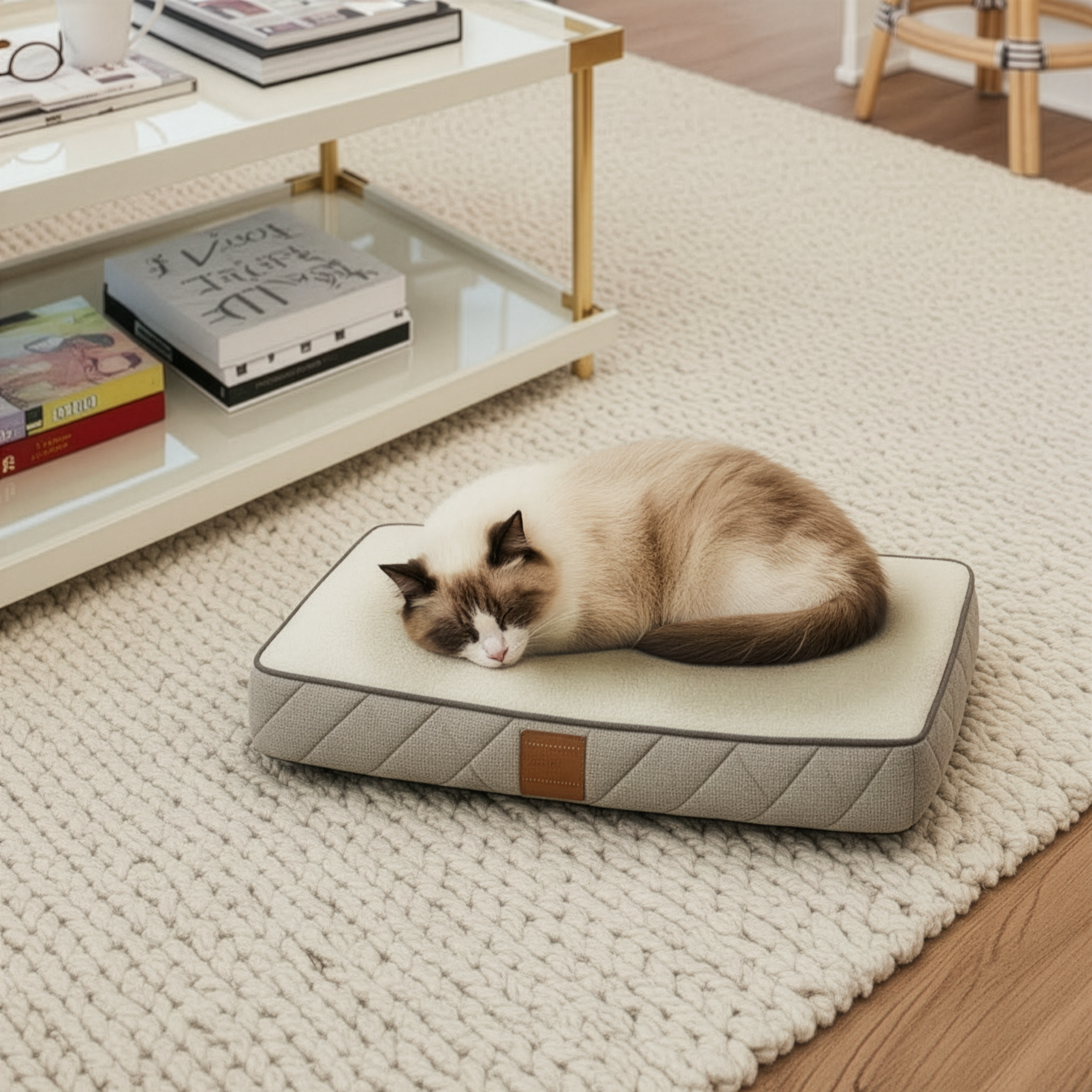 A Ragdoll or Birman cat with cream-colored fur and brown points rests on an OrthoLuxe quilted pet mattress with grey sides and a cream top surface. The bed sits on a textured white area rug in a modern living room setting. In the background, there's a low white shelving unit with books and a desk lamp with wooden accents.
