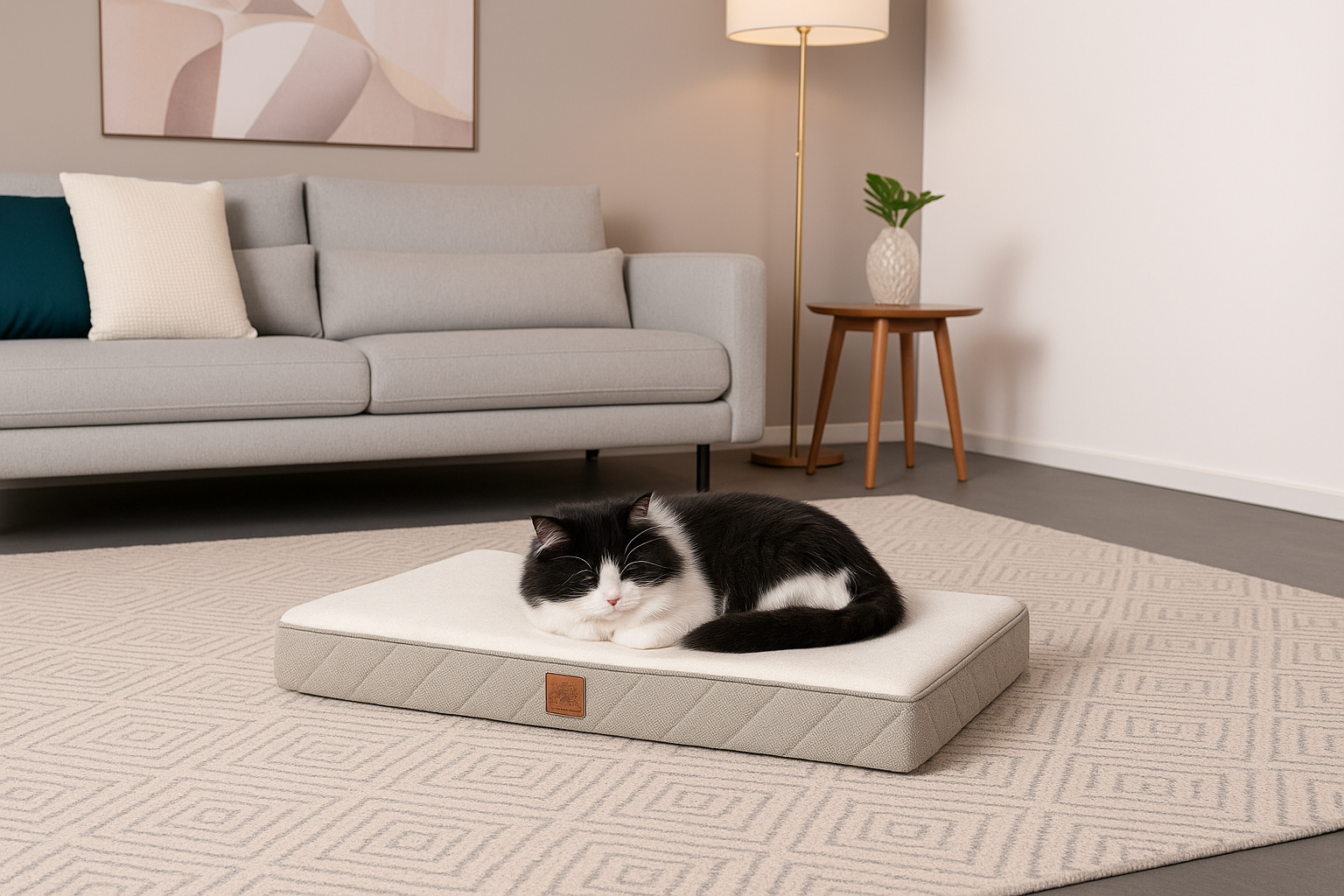 A black and white tuxedo cat rests on an OrthoLuxe pet mattress with a quilted grey base and cream-colored top surface. The mattress is placed on a geometric patterned area rug in a modern living room. Behind it is a light grey sofa with white and teal pillows, a gold floor lamp, and a wooden side table with a white textured vase containing greenery. Abstract artwork in soft pink tones hangs on the wall.