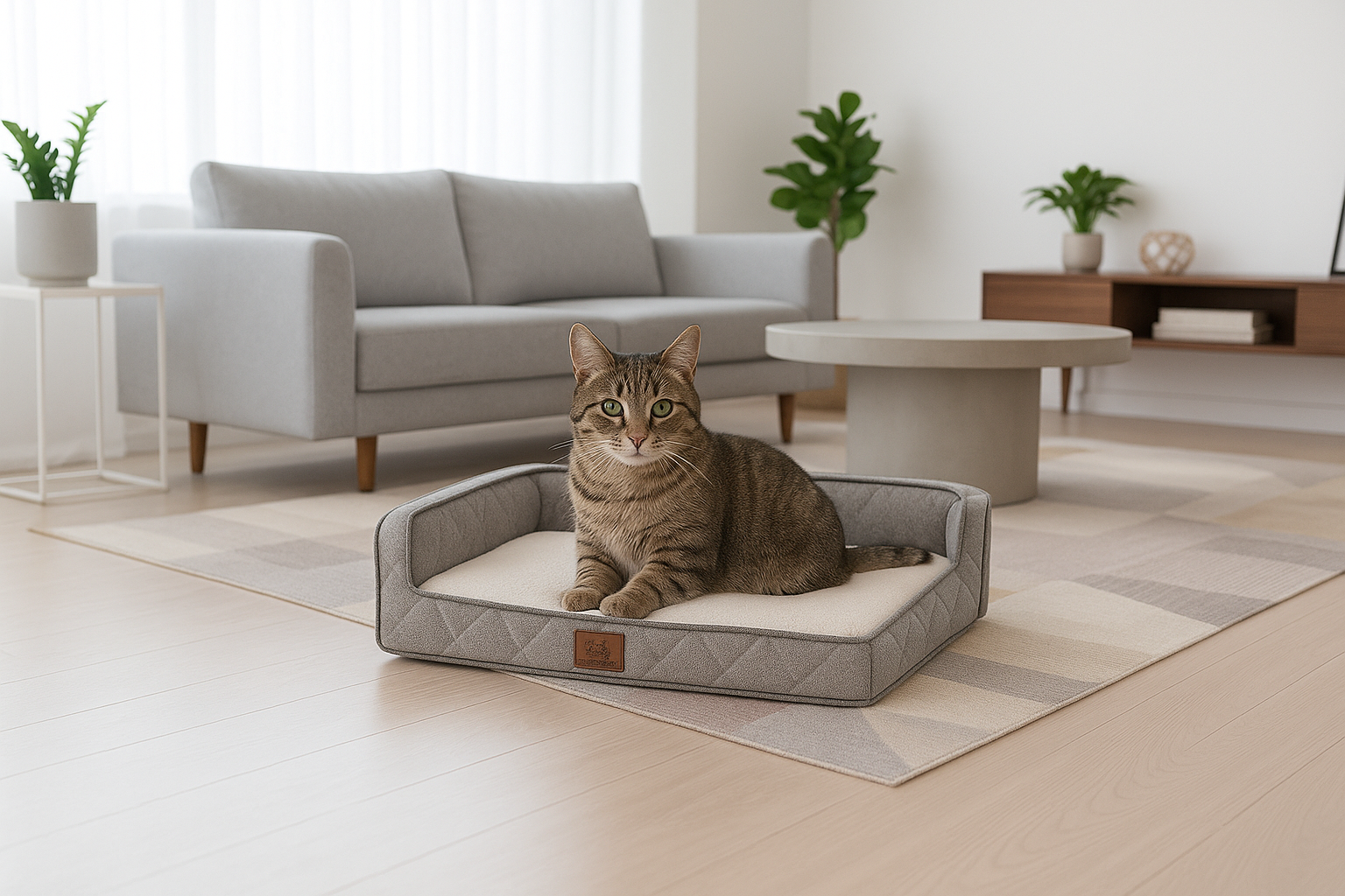 A brown tabby cat with green eyes sits on an OrthoLuxe pet mattress featuring quilted grey bolster sides, a cream-colored sleeping surface, and a brown leather accent tag. The bed is placed on light wood flooring with a beige area rug in a bright, modern living room. The space includes a light grey sofa, white plant stands with greenery, a round white coffee table, and a wooden media console with fiddle leaf fig plants.