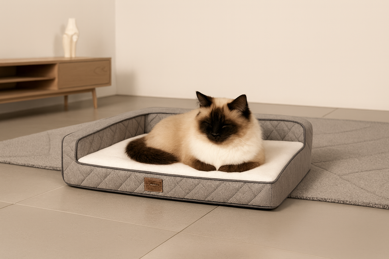 A Ragdoll or Himalayan cat with cream-colored fur and dark brown points rests in a loaf position on an OrthoLuxe pet mattress. The mattress features a quilted grey fabric base with a brown leather accent tag and a cream-colored top surface with dark grey piping. The bed is positioned on beige tile flooring at the edge of a grey area rug in a minimalist room with white walls, a mid-century modern wooden media console, and decorative white vases.