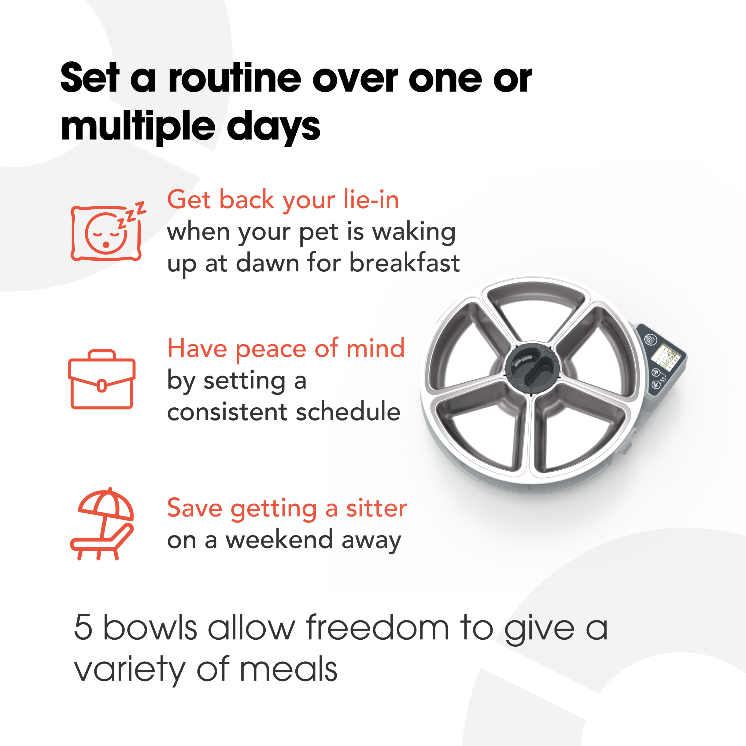 An infographic on a white background with black and orange text explaning the benefits of feeding cats or small dogs using the feeder