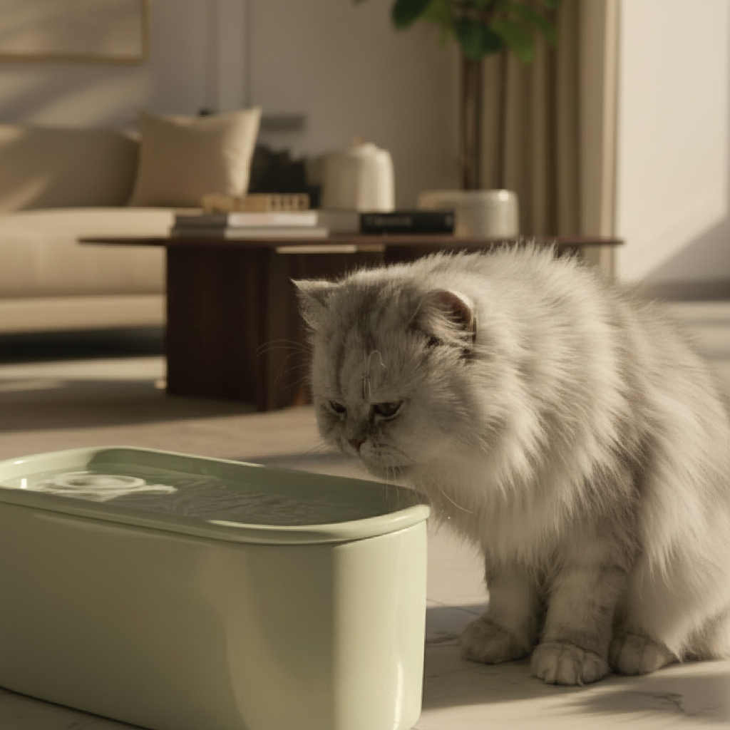 A fluffy white and grey long-haired cat sits on a beige floor next to a light green ceramic cat drinking fountain made by Cat Mate in a warmly-lit living room with a cream-colored sofa and wooden coffee table in the background.