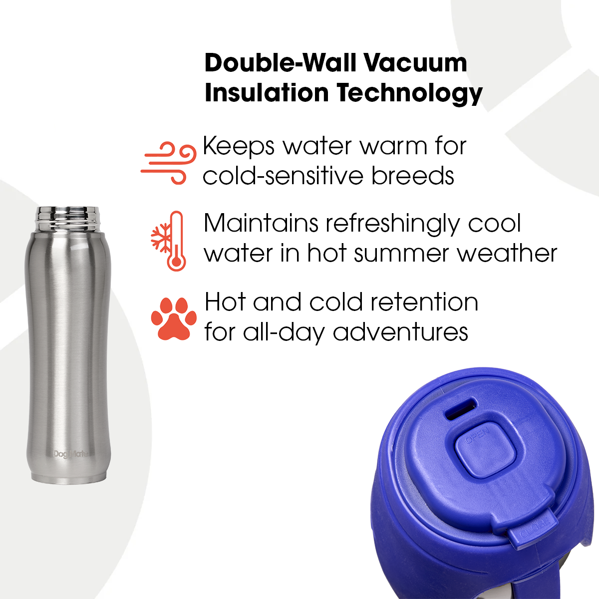An infographic for the insulated stainless steel and silicone travel flask made by Dog Mate on a white background with black text and orange icons which promotes the benefits of the 'double wall vacuum insulation technology; as 'keeps water warm for cold-sensitive breeds' 'maintains refreshingly cool water in hot summer weather' and 'hot and cold retention for all-day activities'.