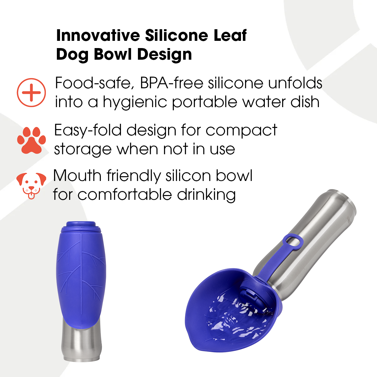 An infographic for the Dog Mate Insulated Stainless Steel Travel Flask which has two images of the flask and blue lid showing the details of the leaf design. Above these images are a few of the product's unique selling points written in black text with orange icons on the left hand side of the text.