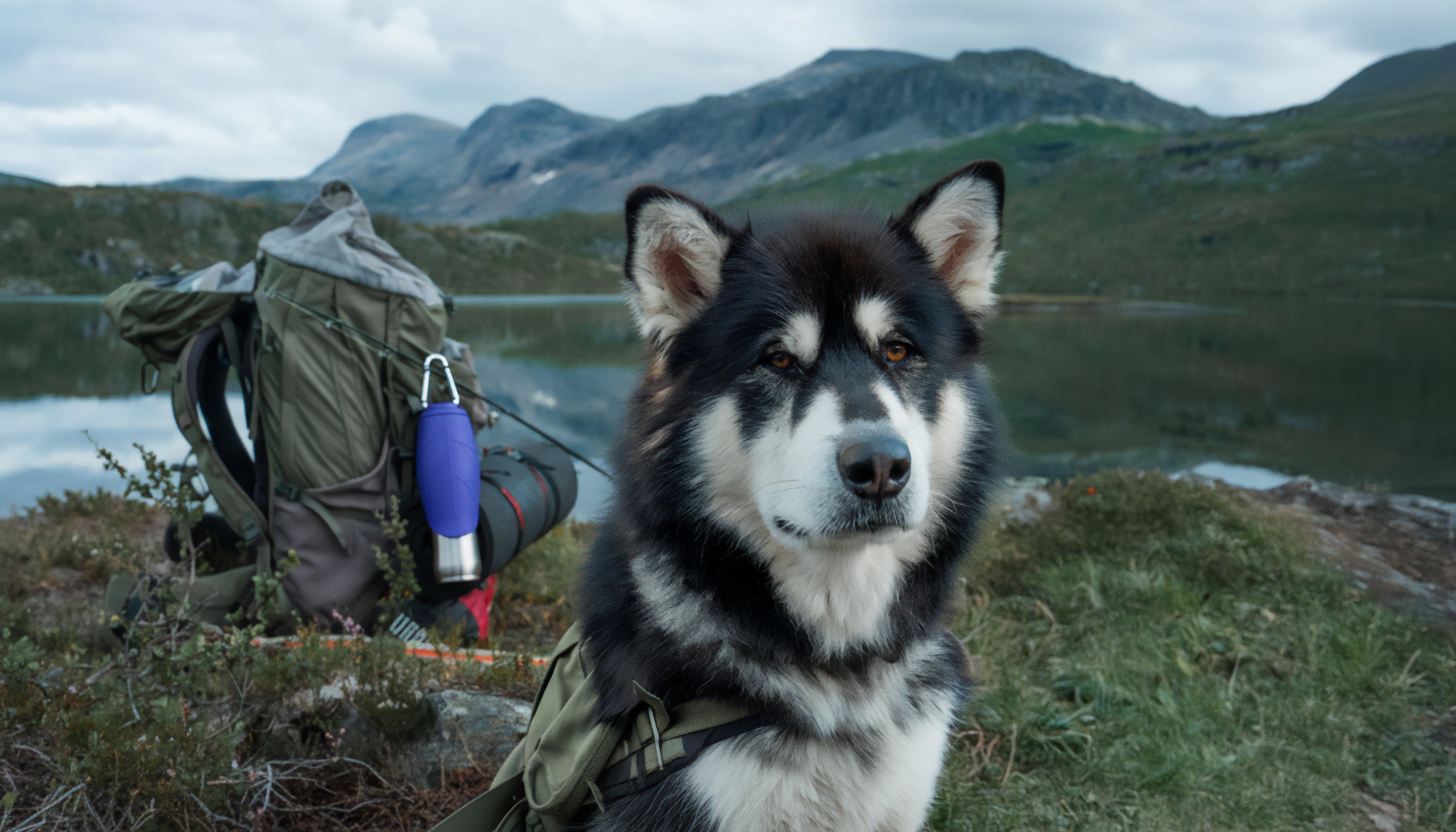 A black Alaskan Malamute with light coloured facial and chest markings sitting in a mountainous landscape with a green backpack and Dog Mate insulated water bottle in the background nearby.