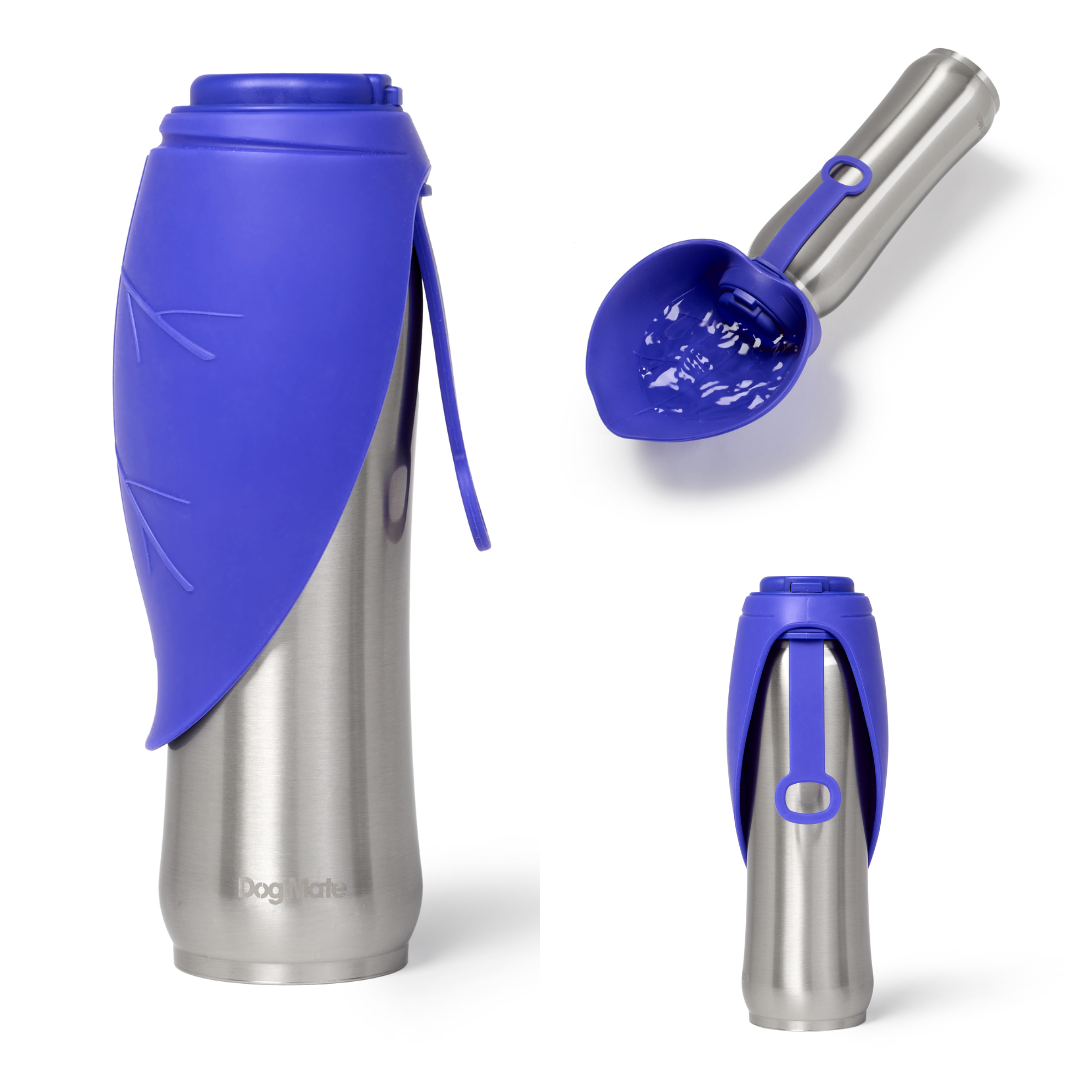 Silver tumbler with blue silicone sleeve and accessories on a white background